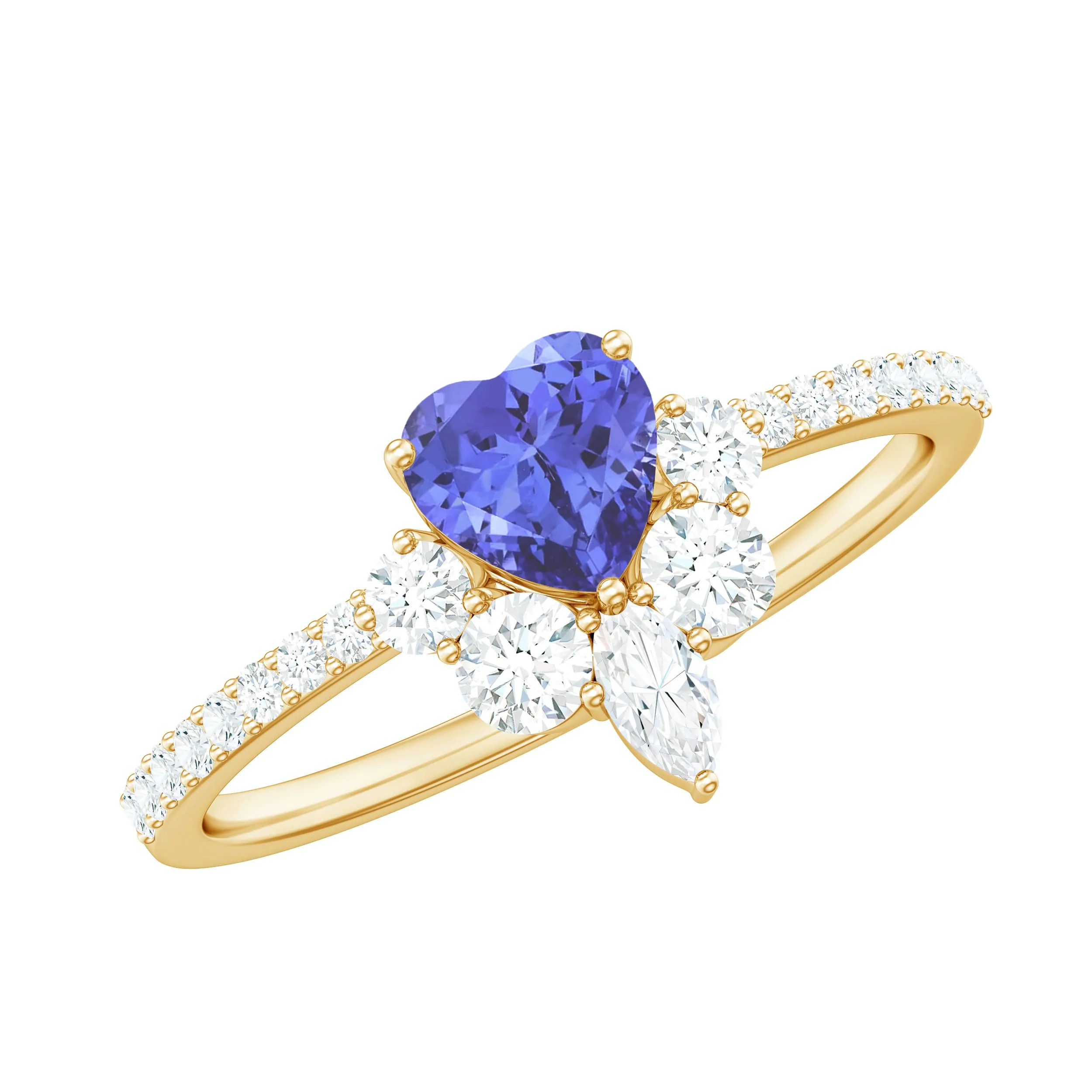Designer Tanzanite Heart Solitaire Ring with Diamond Side Stones