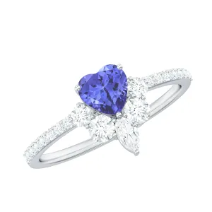Designer Tanzanite Heart Solitaire Ring with Diamond Side Stones