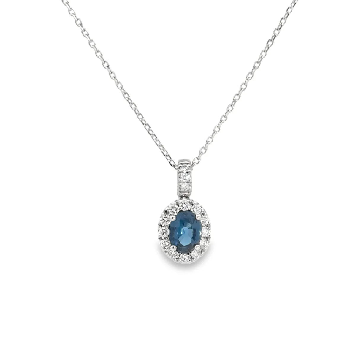 Diamond Halo and Sapphire Oval Shaped Pendant Necklace
