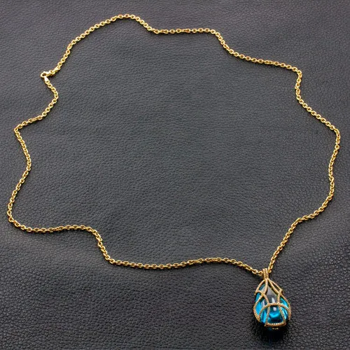 Diamond Tear Drop Cage Necklace with Blue Topaz Insert