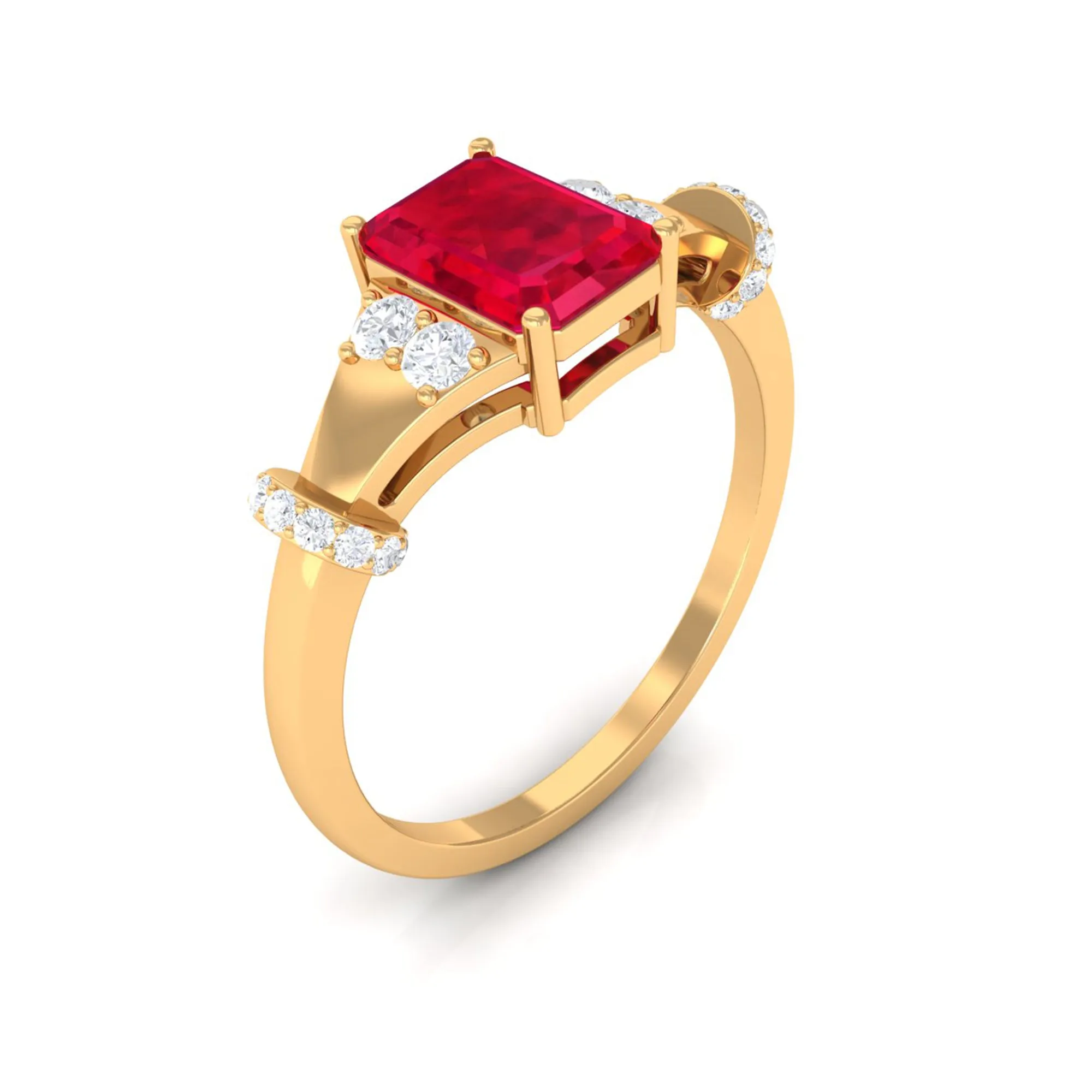 Emerald Cut Solitaire Created Ruby Ring with Diamond
