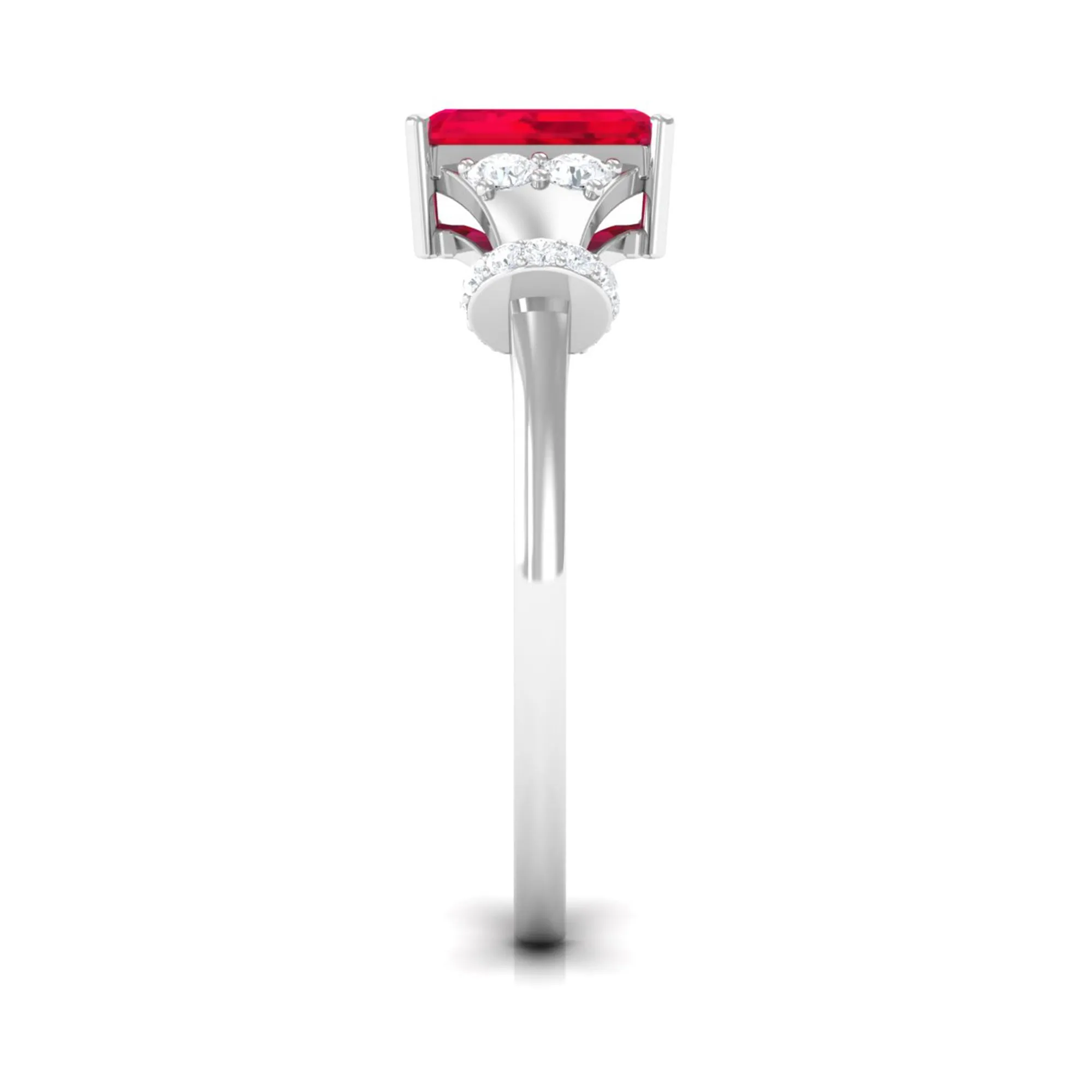 Emerald Cut Solitaire Created Ruby Ring with Diamond