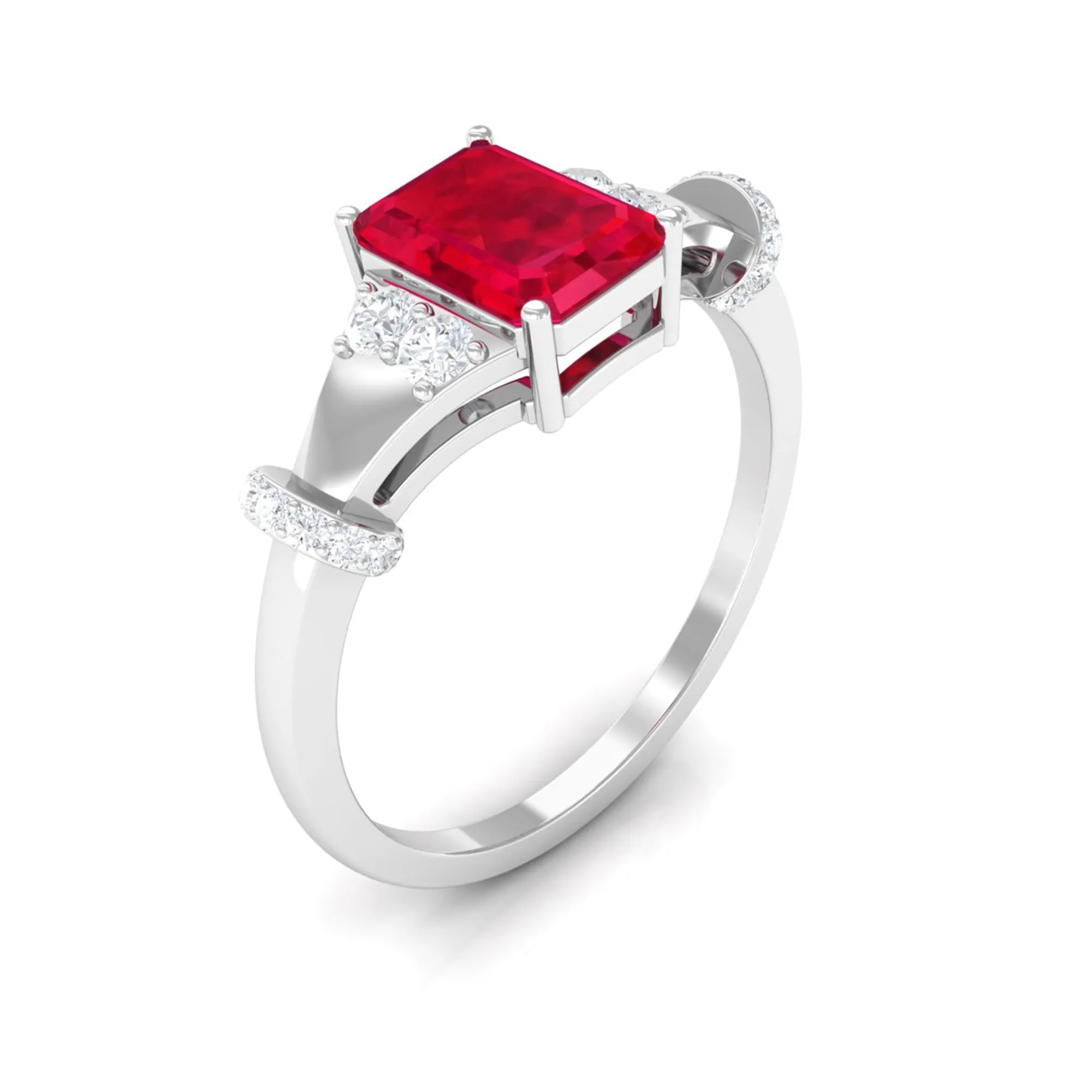Emerald Cut Solitaire Created Ruby Ring with Diamond