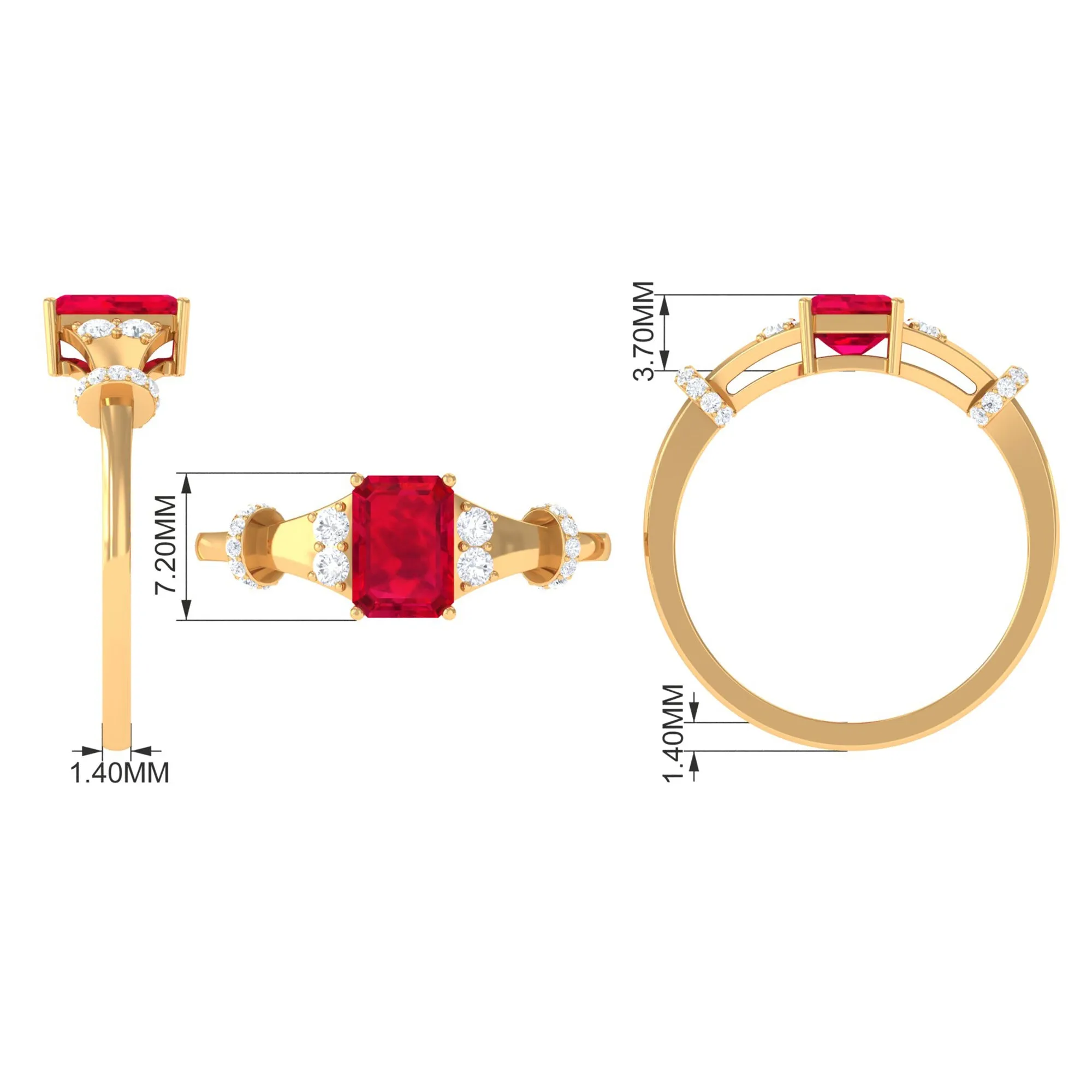 Emerald Cut Solitaire Created Ruby Ring with Diamond