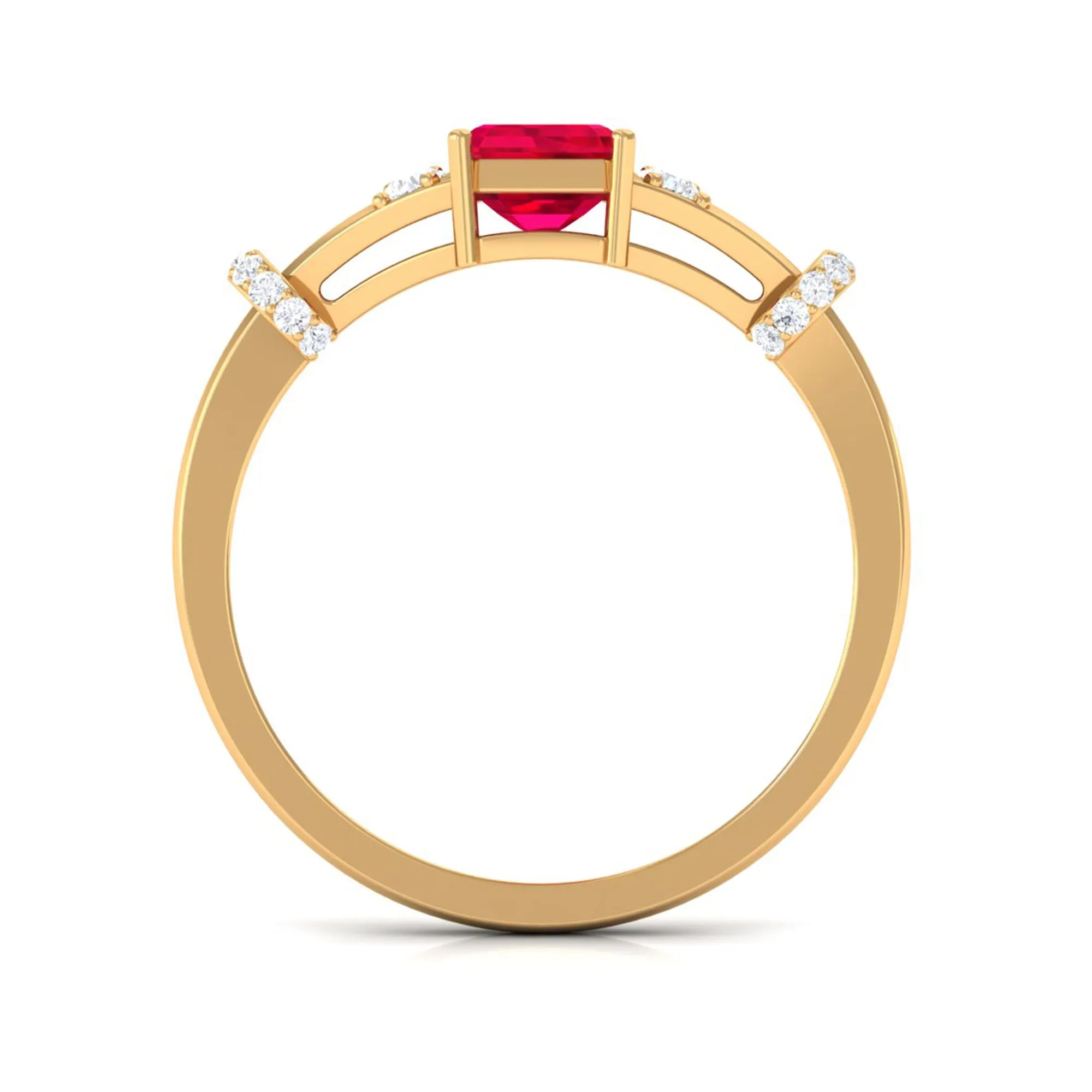 Emerald Cut Solitaire Created Ruby Ring with Diamond