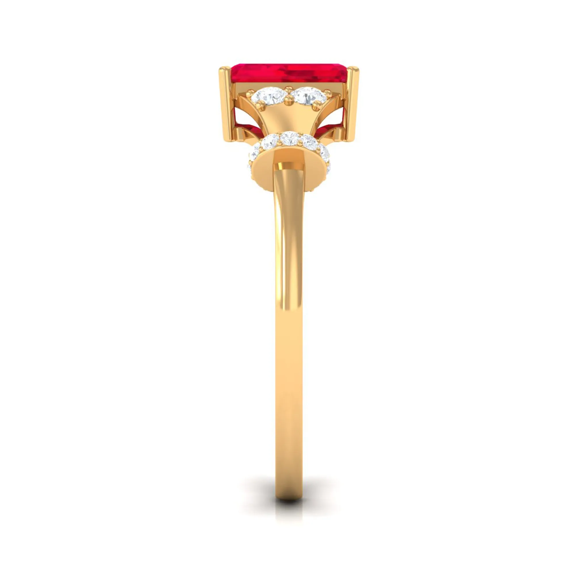Emerald Cut Solitaire Created Ruby Ring with Diamond