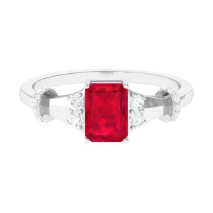 Emerald Cut Solitaire Created Ruby Ring with Diamond
