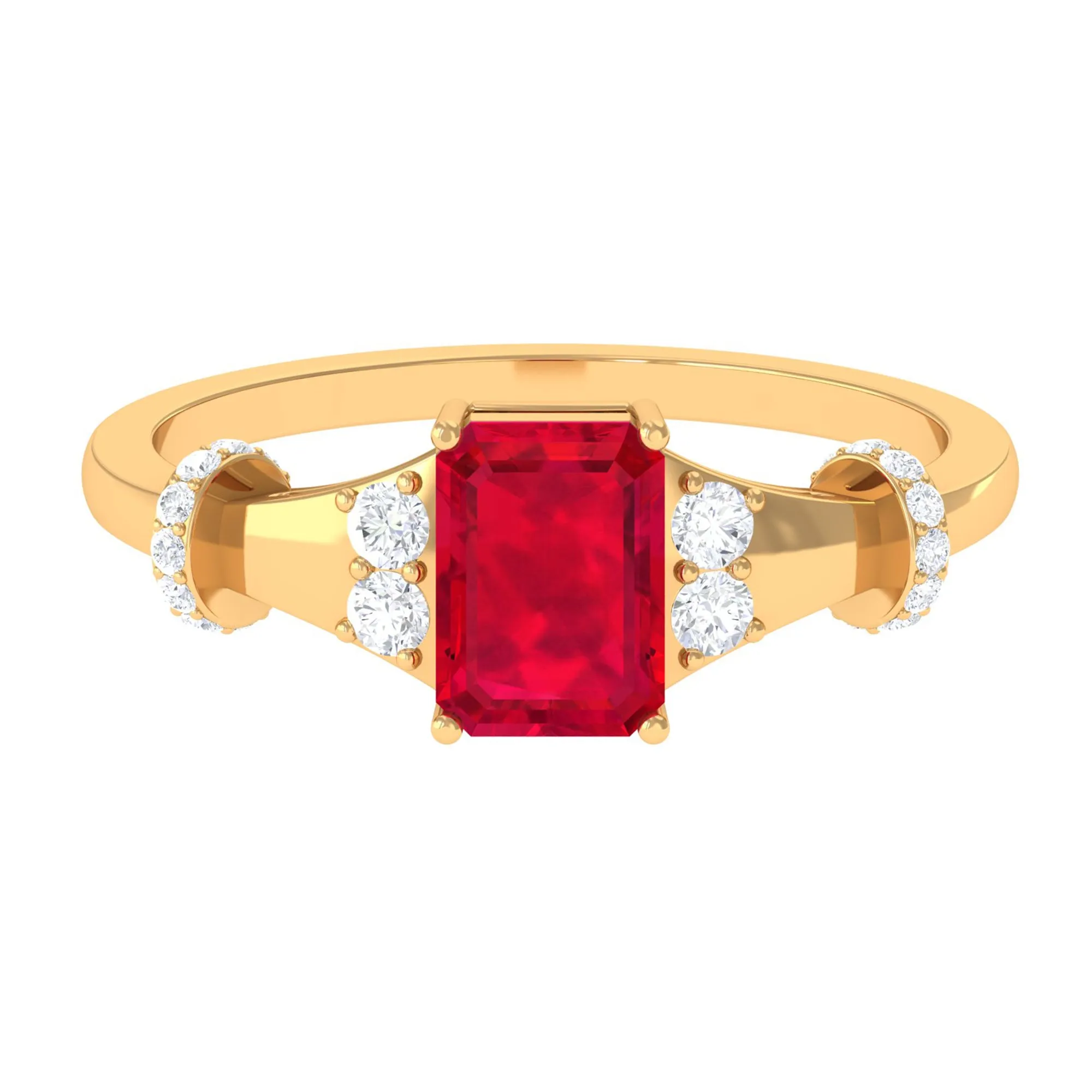 Emerald Cut Solitaire Created Ruby Ring with Diamond