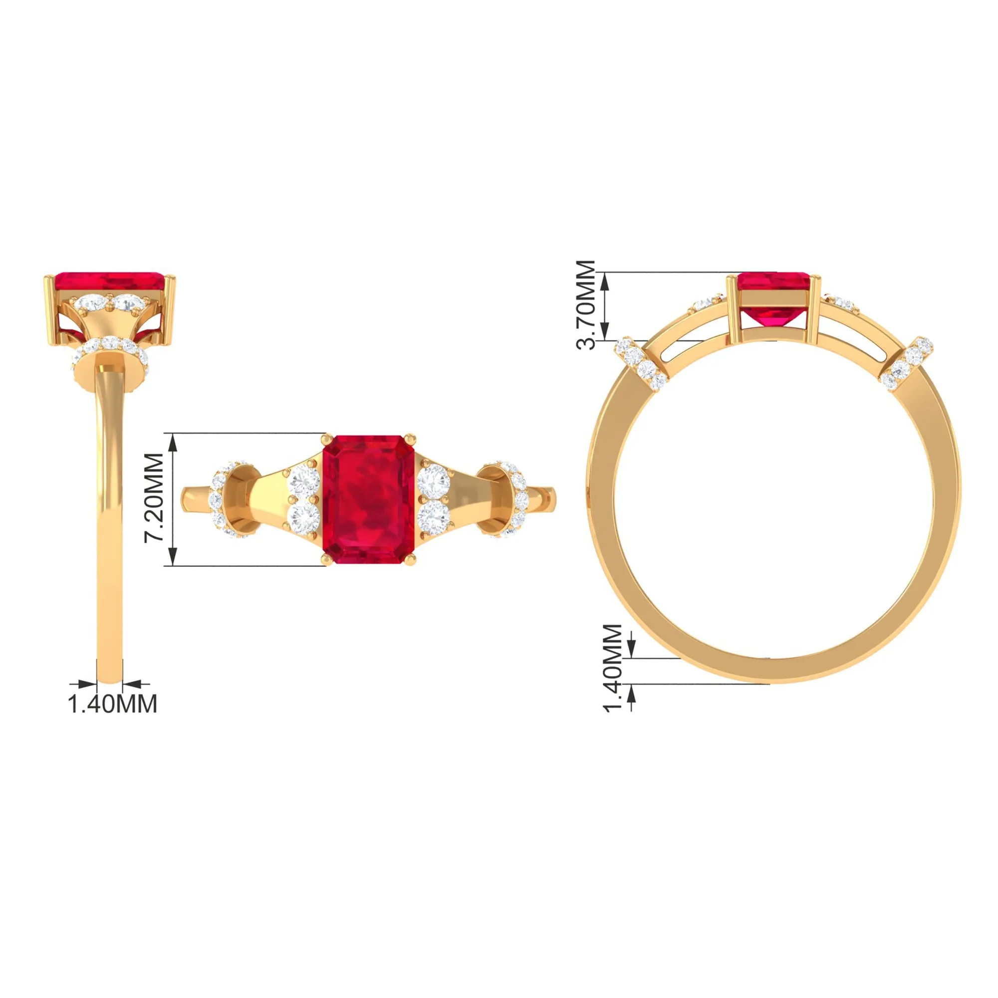 Emerald Cut Solitaire Created Ruby Ring with Diamond