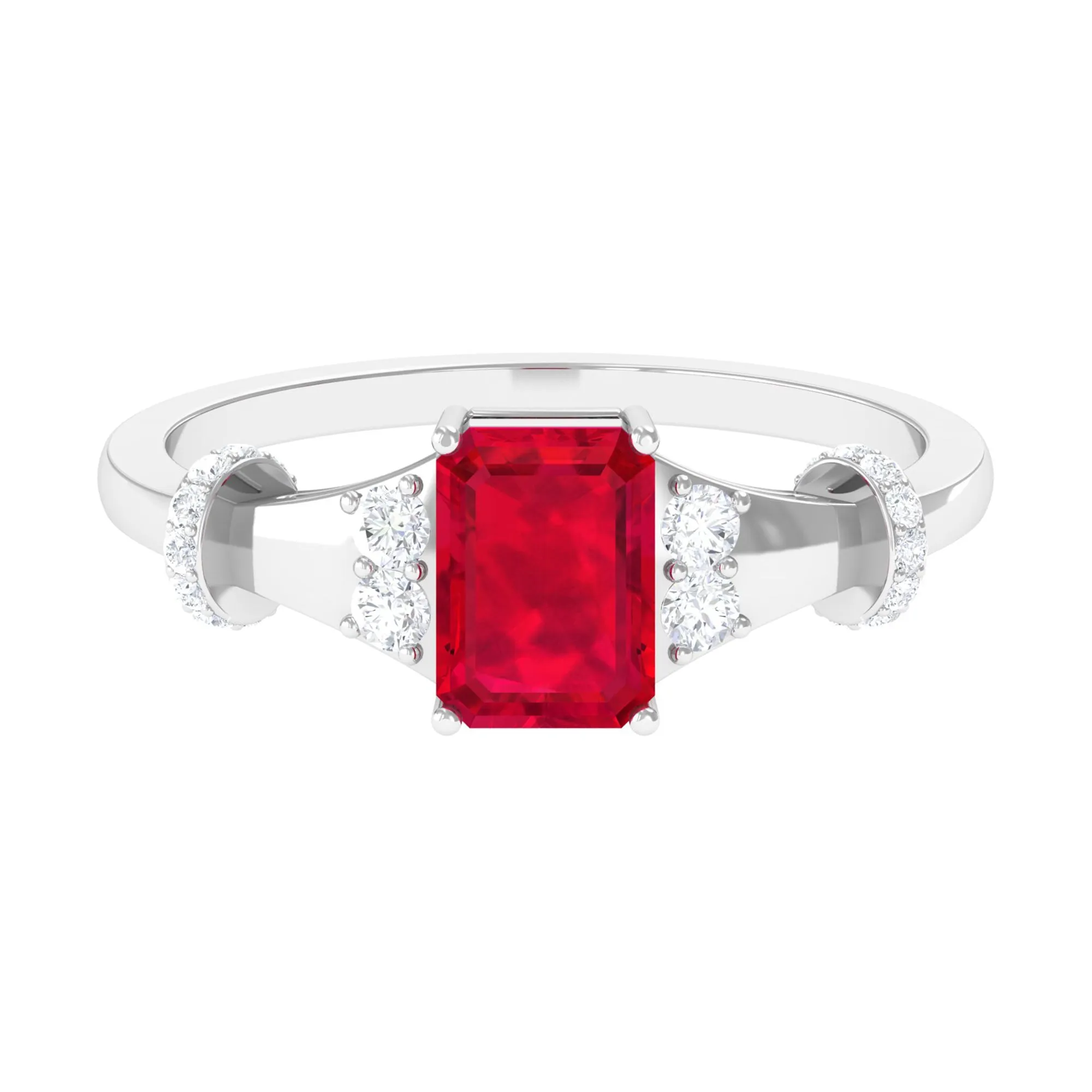 Emerald Cut Solitaire Created Ruby Ring with Diamond