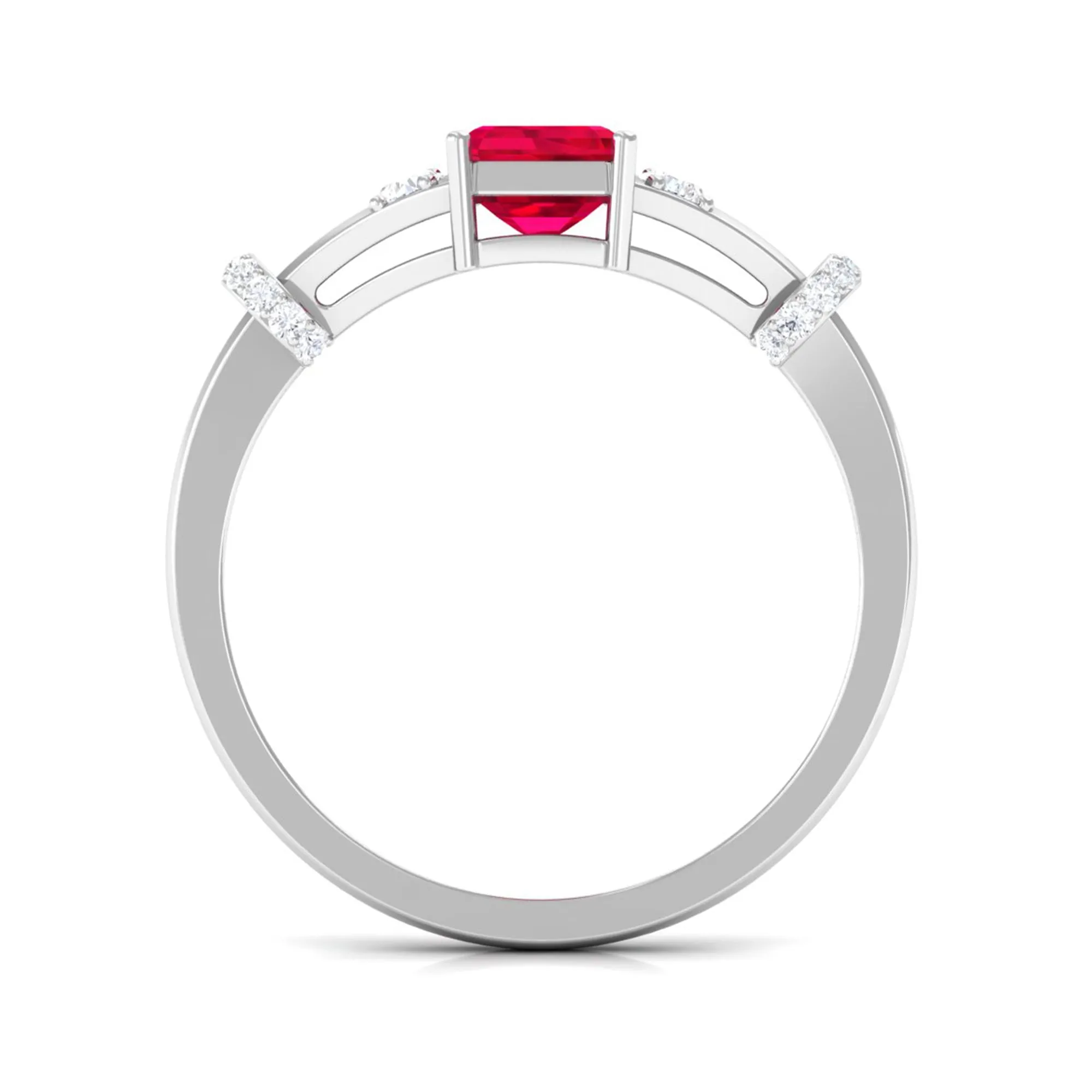 Emerald Cut Solitaire Created Ruby Ring with Diamond