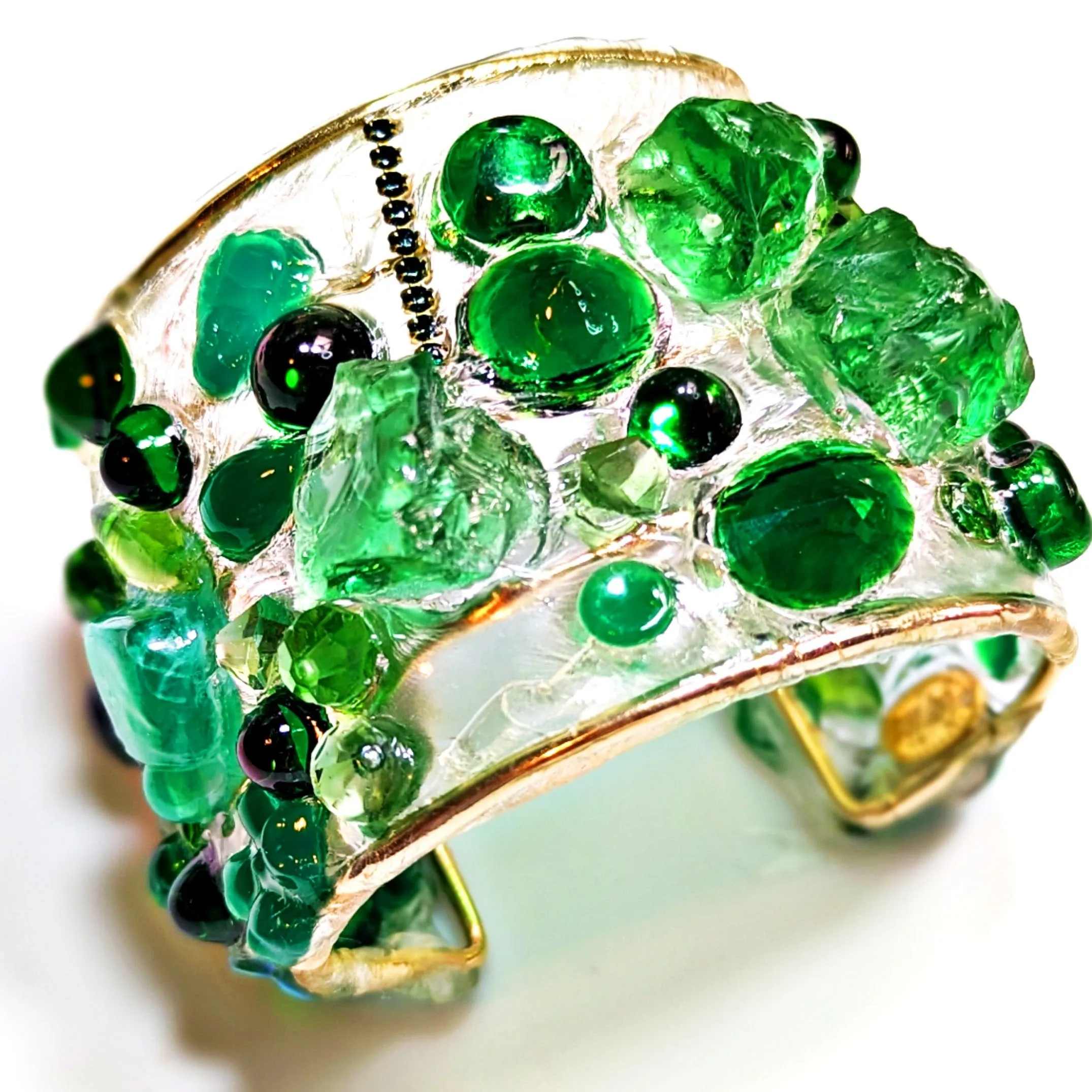 Emerald Green Clear Confetti 2.5 inch wide Clear Resin Cuff Bracelet Vintage Swarovski Faceted Stones Handmade Sustainable USA Sugar Gay Isber