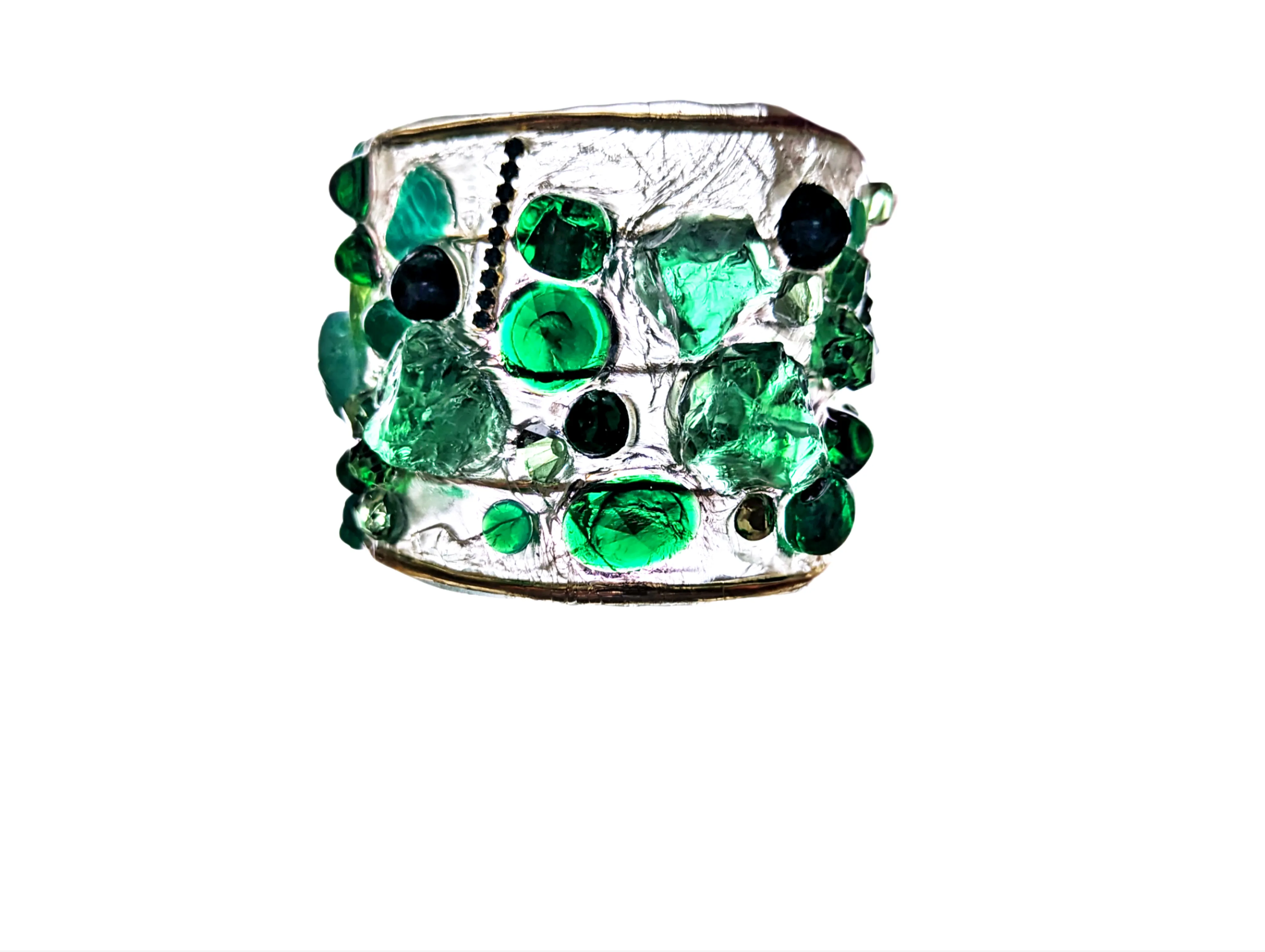 Emerald Green Clear Confetti 2.5 inch wide Clear Resin Cuff Bracelet Vintage Swarovski Faceted Stones Handmade Sustainable USA Sugar Gay Isber