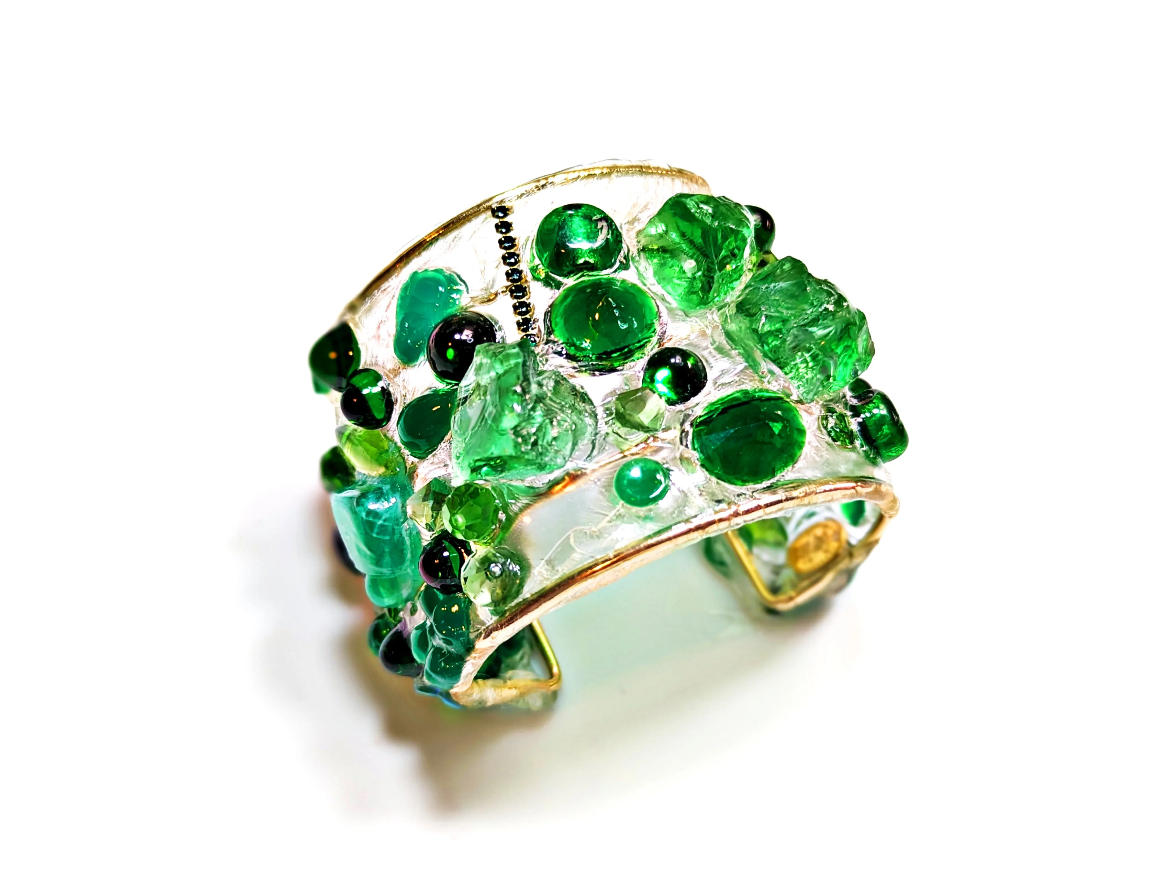 Emerald Green Clear Confetti 2.5 inch wide Clear Resin Cuff Bracelet Vintage Swarovski Faceted Stones Handmade Sustainable USA Sugar Gay Isber