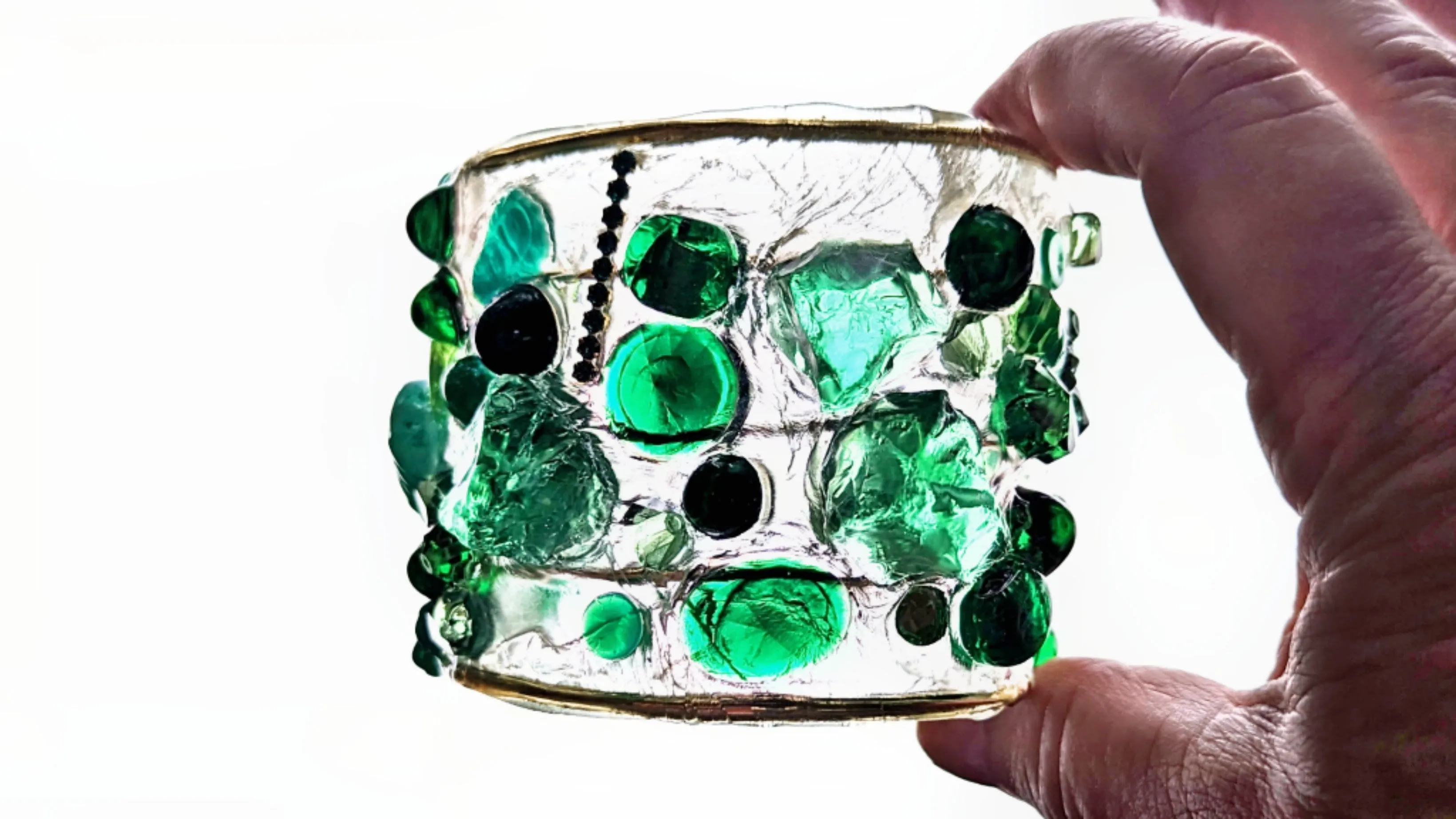 Emerald Green Clear Confetti 2.5 inch wide Clear Resin Cuff Bracelet Vintage Swarovski Faceted Stones Handmade Sustainable USA Sugar Gay Isber