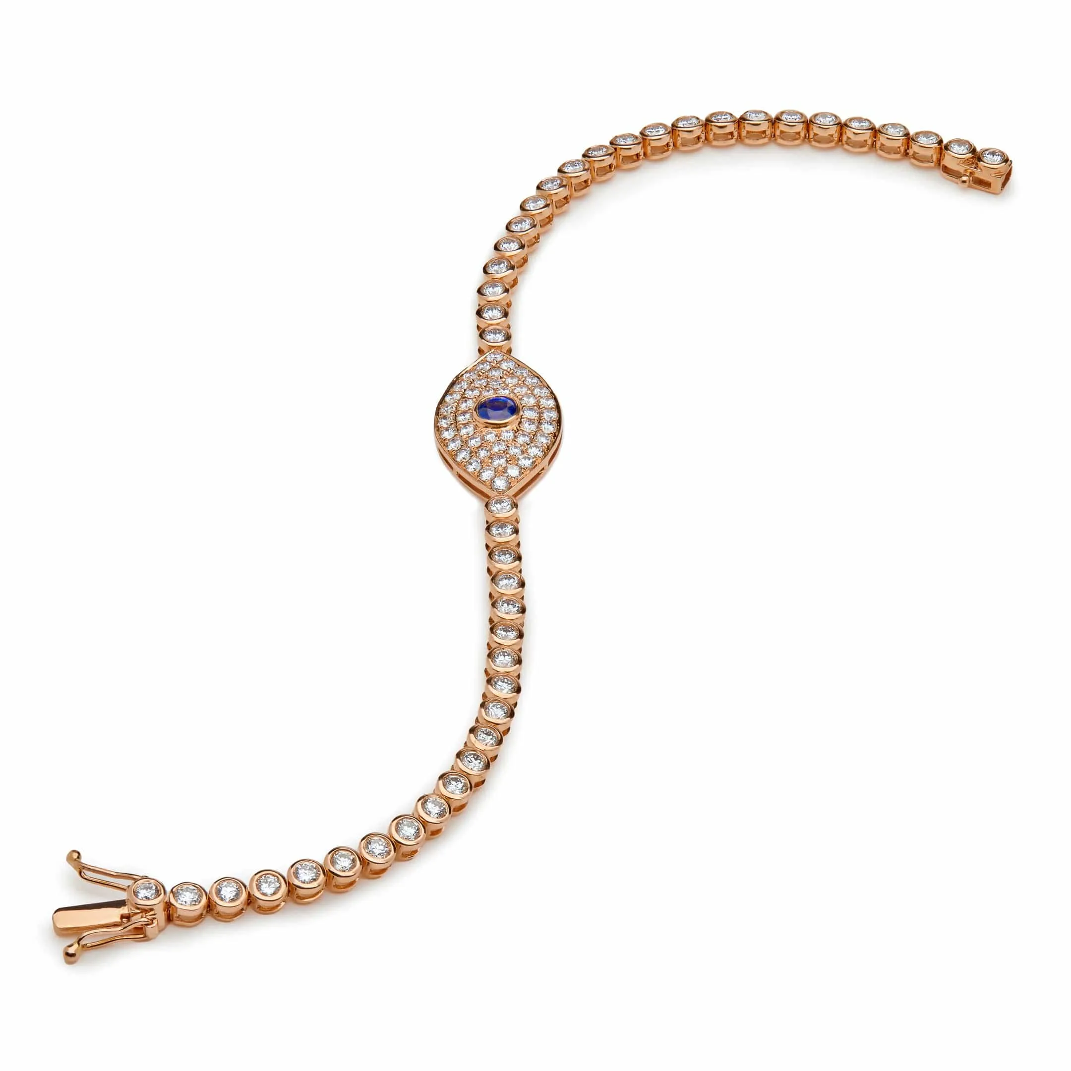 Evil Eye Blue Sapphire and White Diamond Rose Gold Bracelet