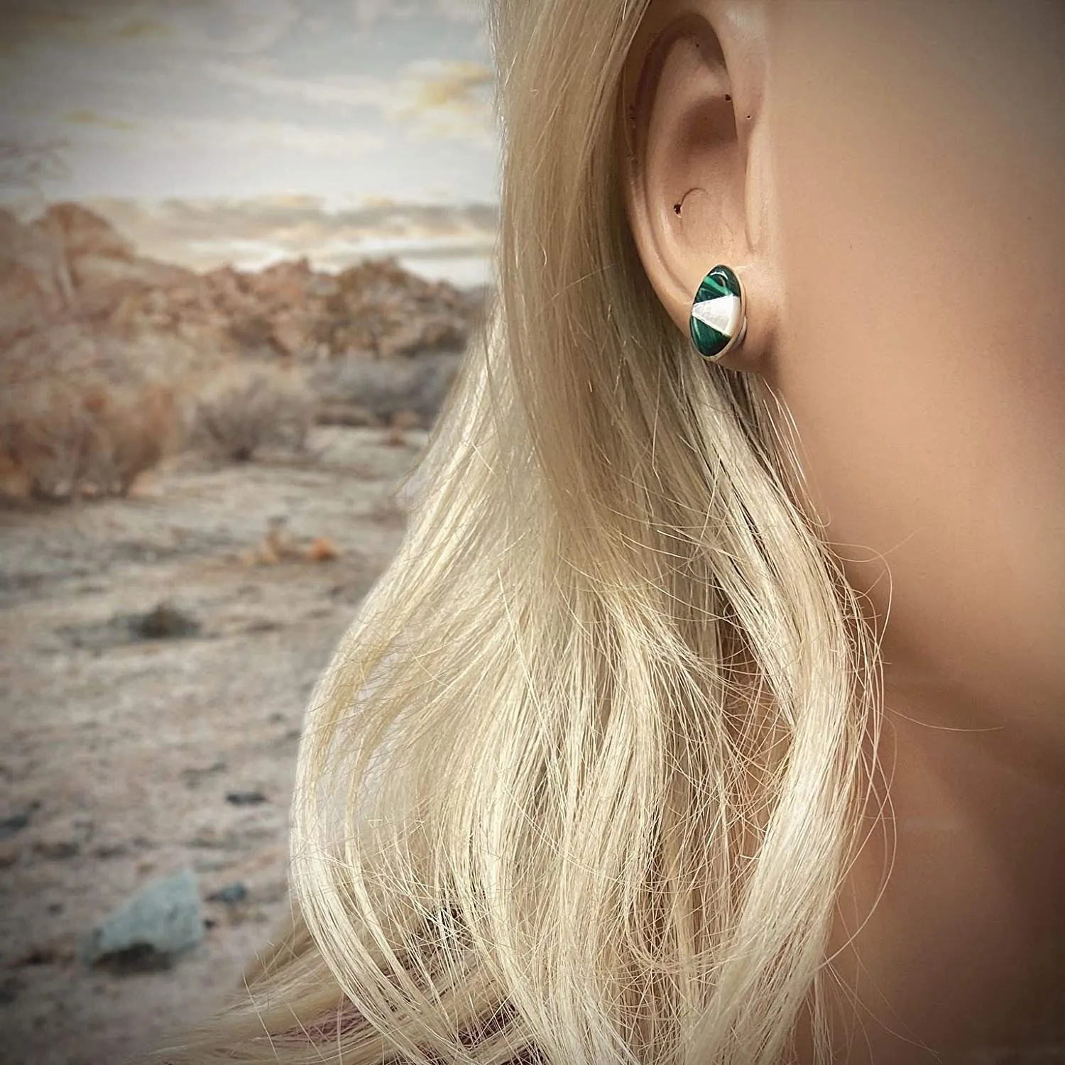 Genuine Malachite and Moonstone Stud Earrings in 925 Sterling Silver, Native American Handmade in the USA, Nickel Free, Dark Green