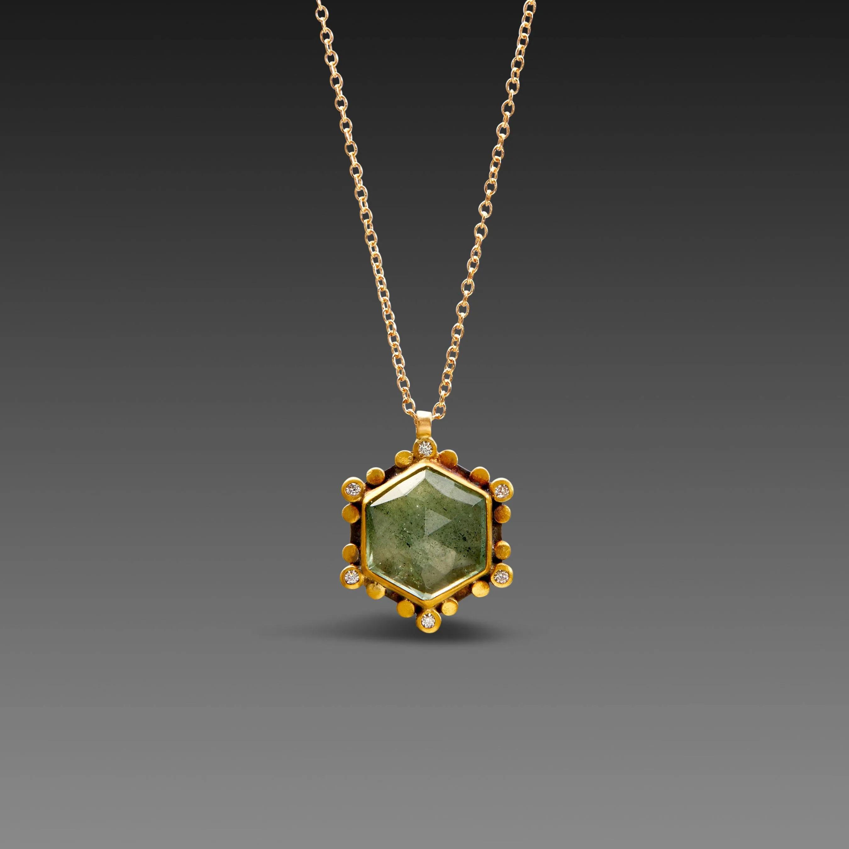 Geometric Moss Aquamarine Necklace with Diamond Trios