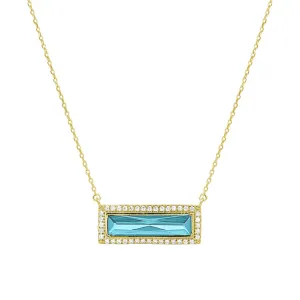 Gold Finish Sterling Silver Necklace with Rectangular Simulated Aquamarine Stone and Simulated Diamonds on 16" - 18" Chain