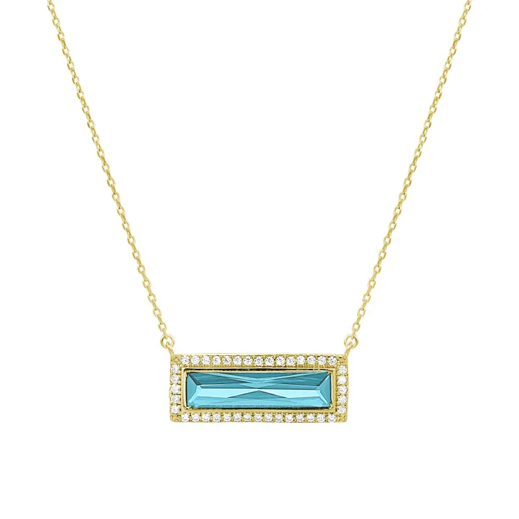 Gold Finish Sterling Silver Necklace with Rectangular Simulated Aquamarine Stone and Simulated Diamonds on 16" - 18" Chain