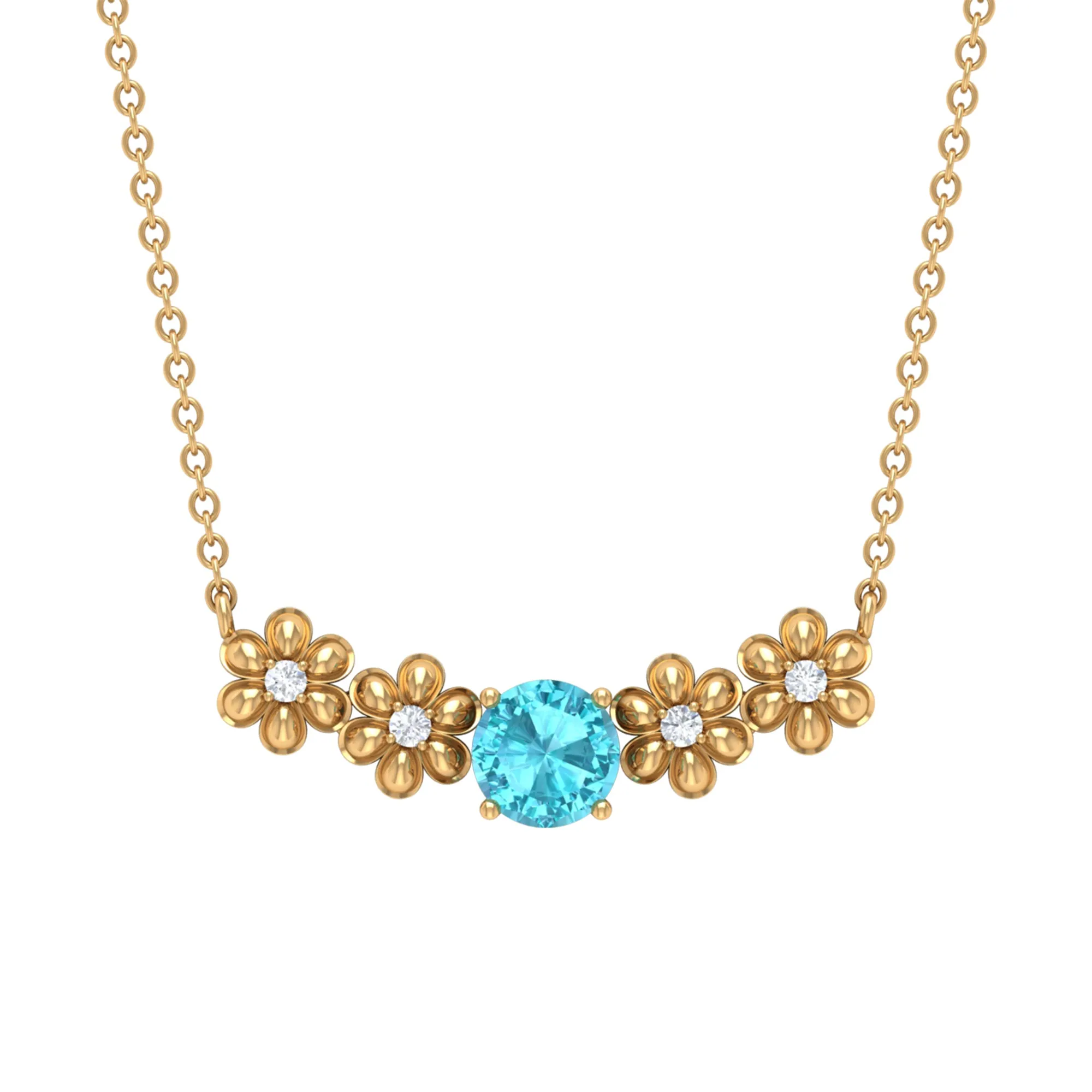 Gold Floral Minimal Necklace with Swiss Blue Topaz and Diamond