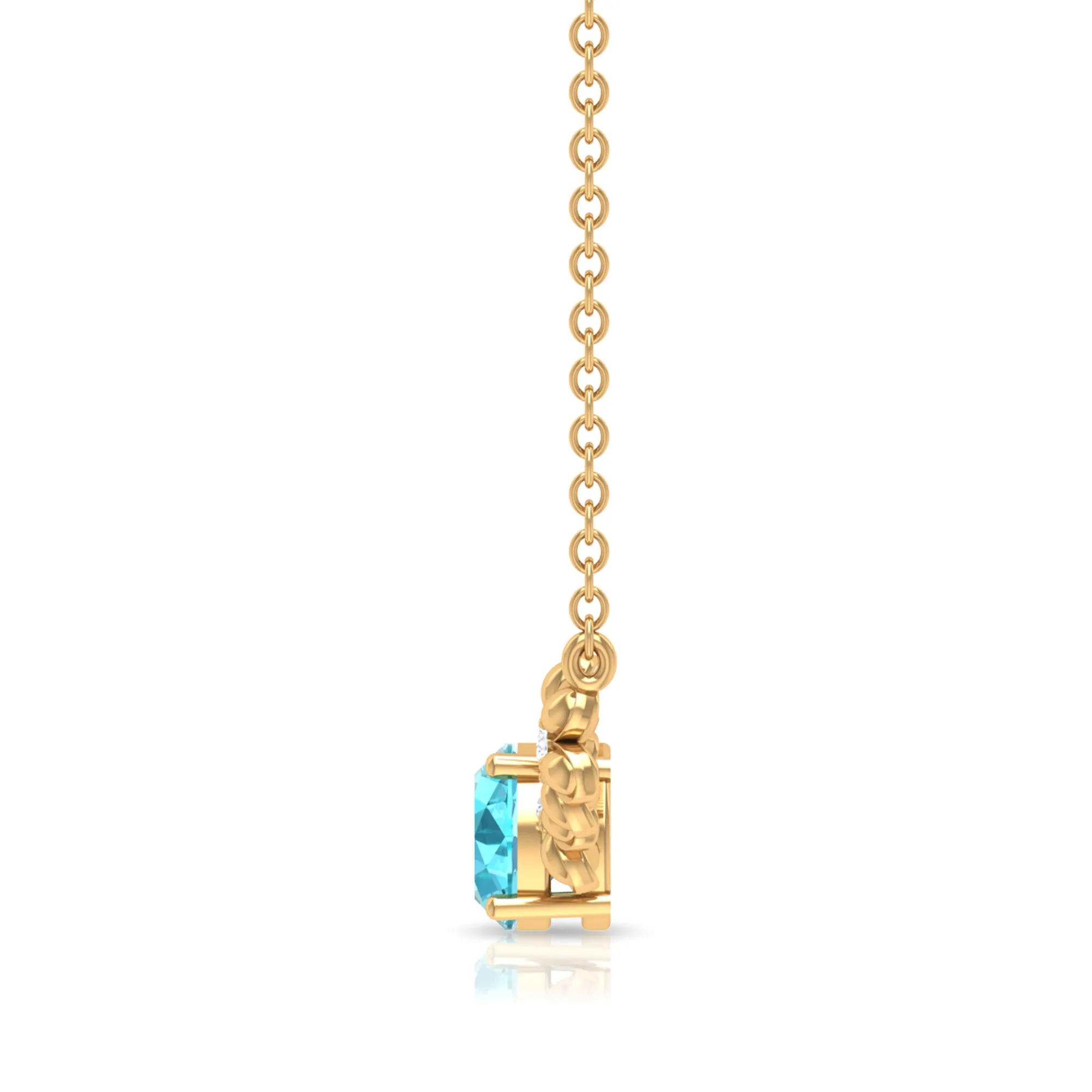 Gold Floral Minimal Necklace with Swiss Blue Topaz and Diamond