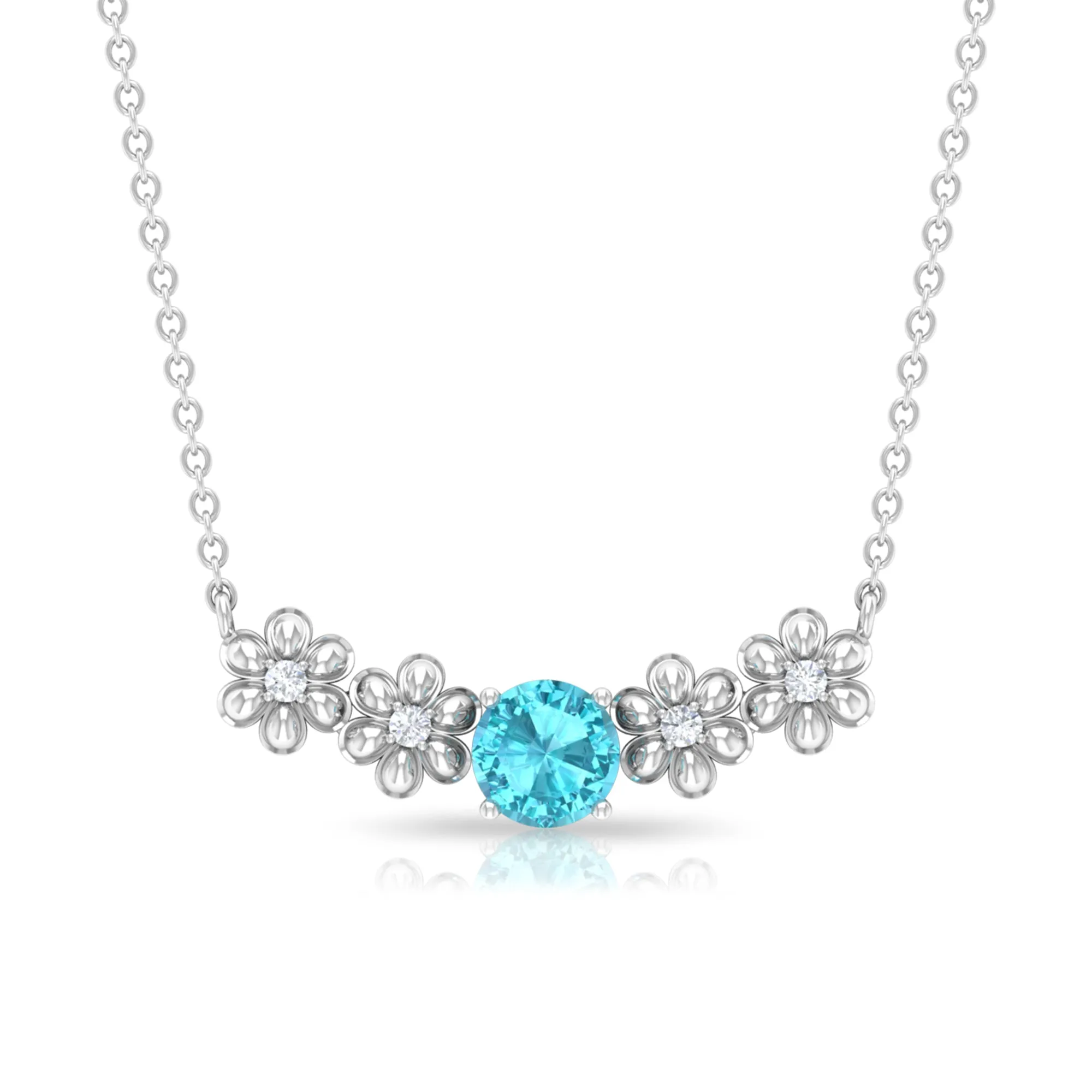 Gold Floral Minimal Necklace with Swiss Blue Topaz and Diamond