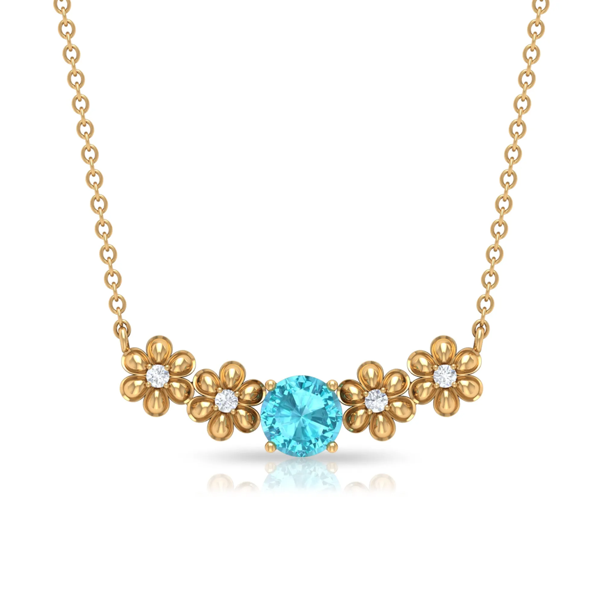 Gold Floral Minimal Necklace with Swiss Blue Topaz and Diamond