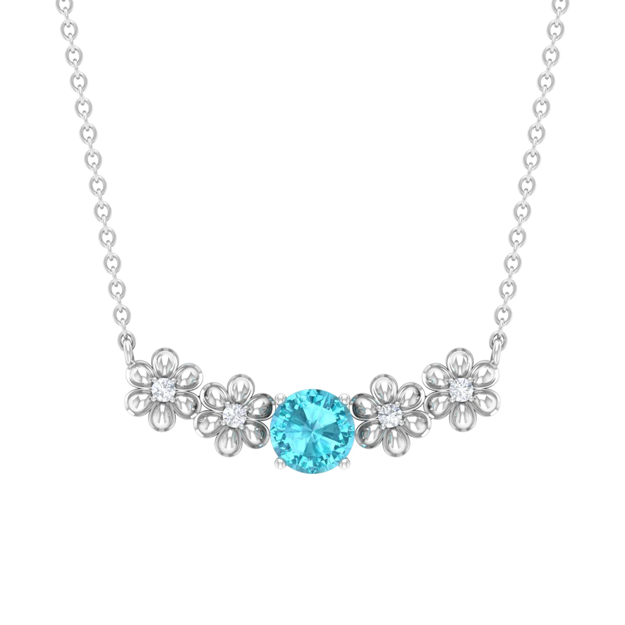 Gold Floral Minimal Necklace with Swiss Blue Topaz and Diamond
