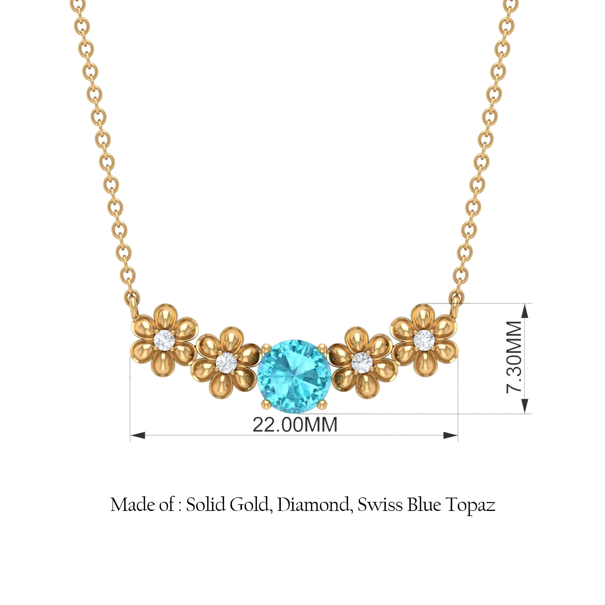 Gold Floral Minimal Necklace with Swiss Blue Topaz and Diamond
