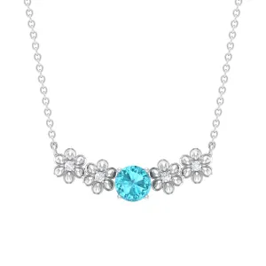 Gold Floral Minimal Necklace with Swiss Blue Topaz and Diamond