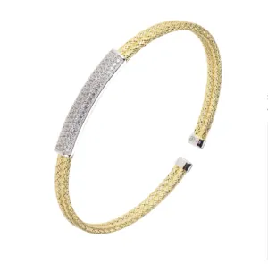Gold Plated Double Mesh CZ Bar Flex Cuff Bracelet (SI5310)
