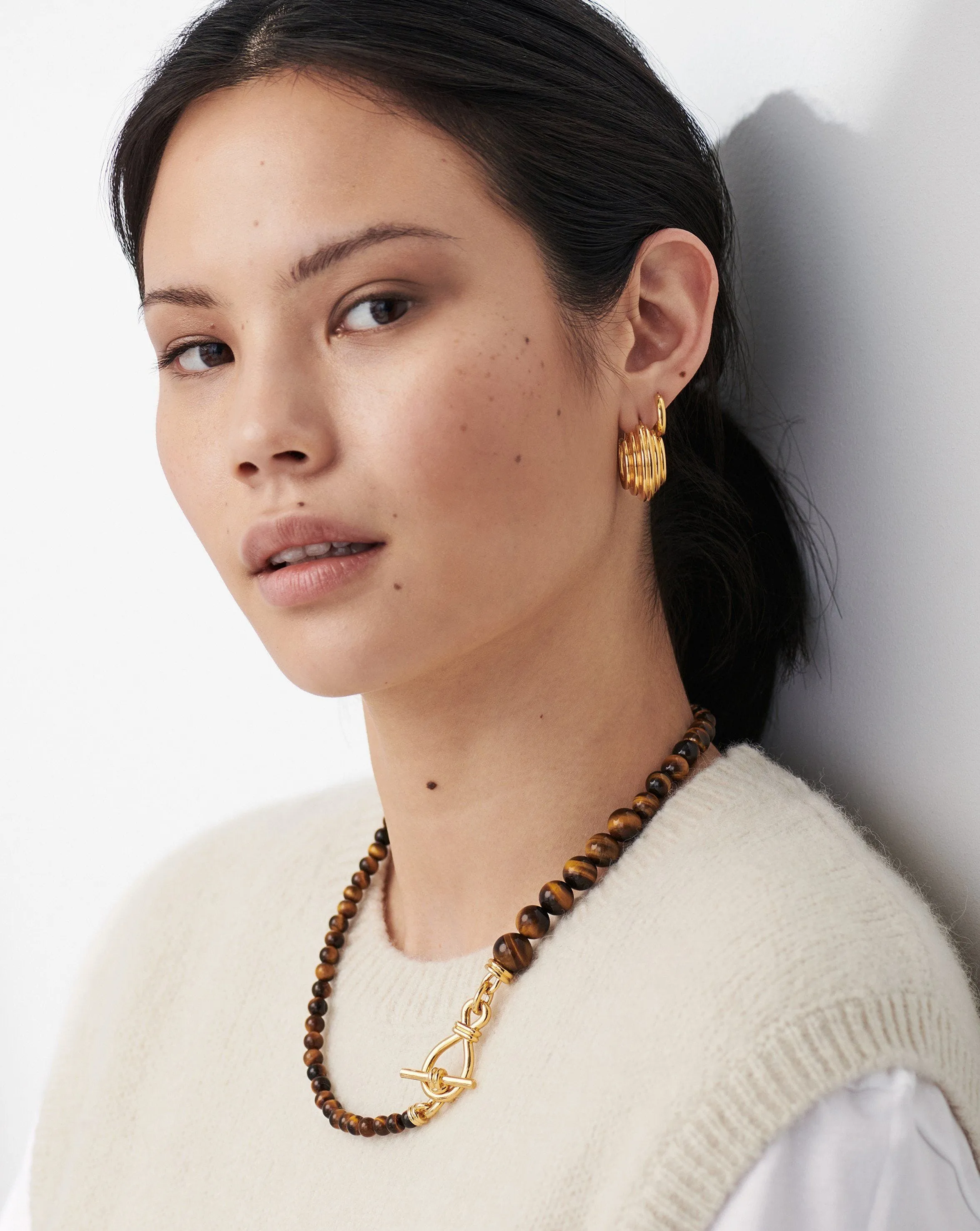 Graduated Sphere T-Bar Necklace | 18ct Gold Plated/Tigers Eye