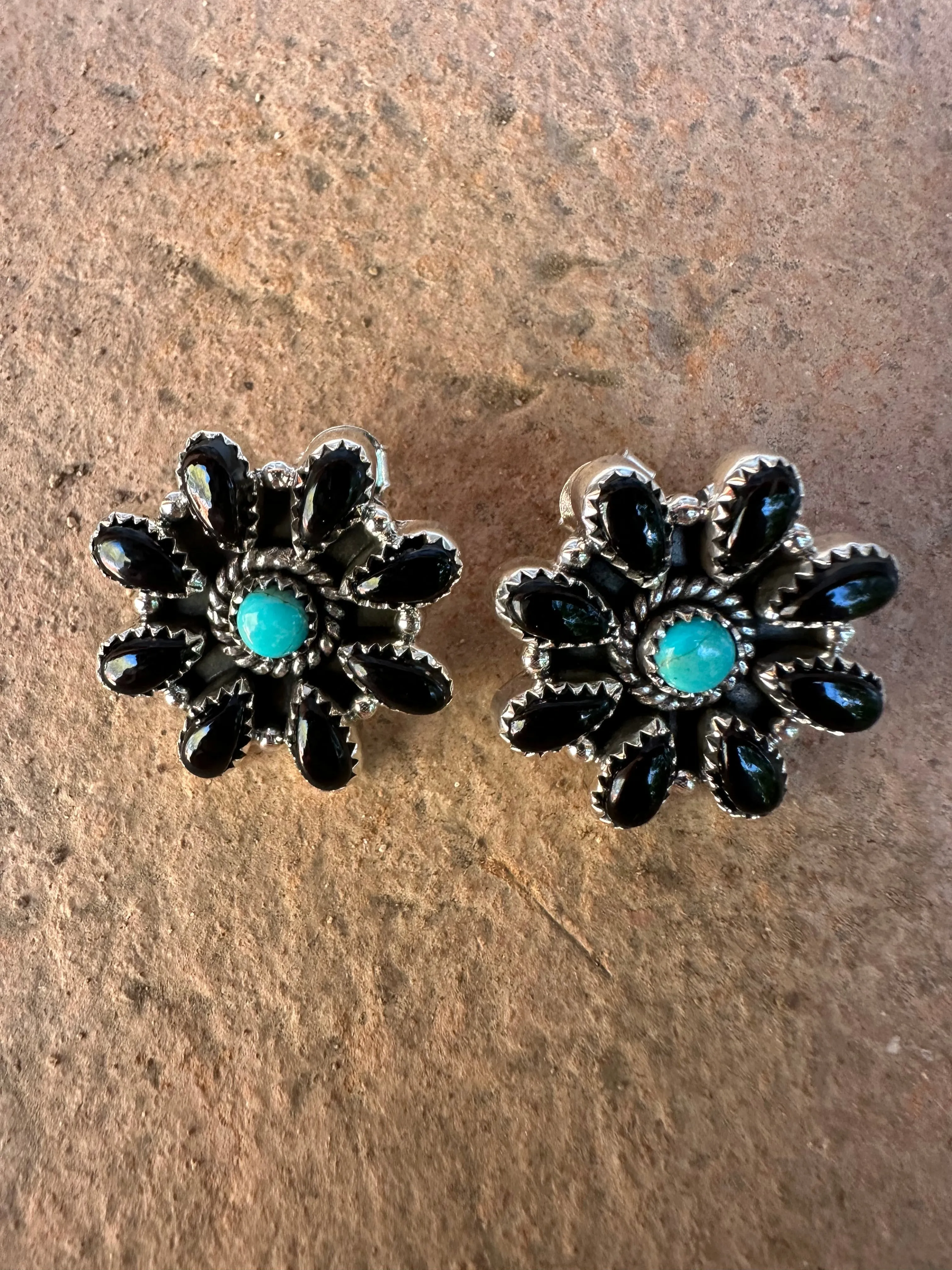 Handmade Sterling Silver, Onyx, Turquoise Post Cluster Earrings Signed Nizhoni