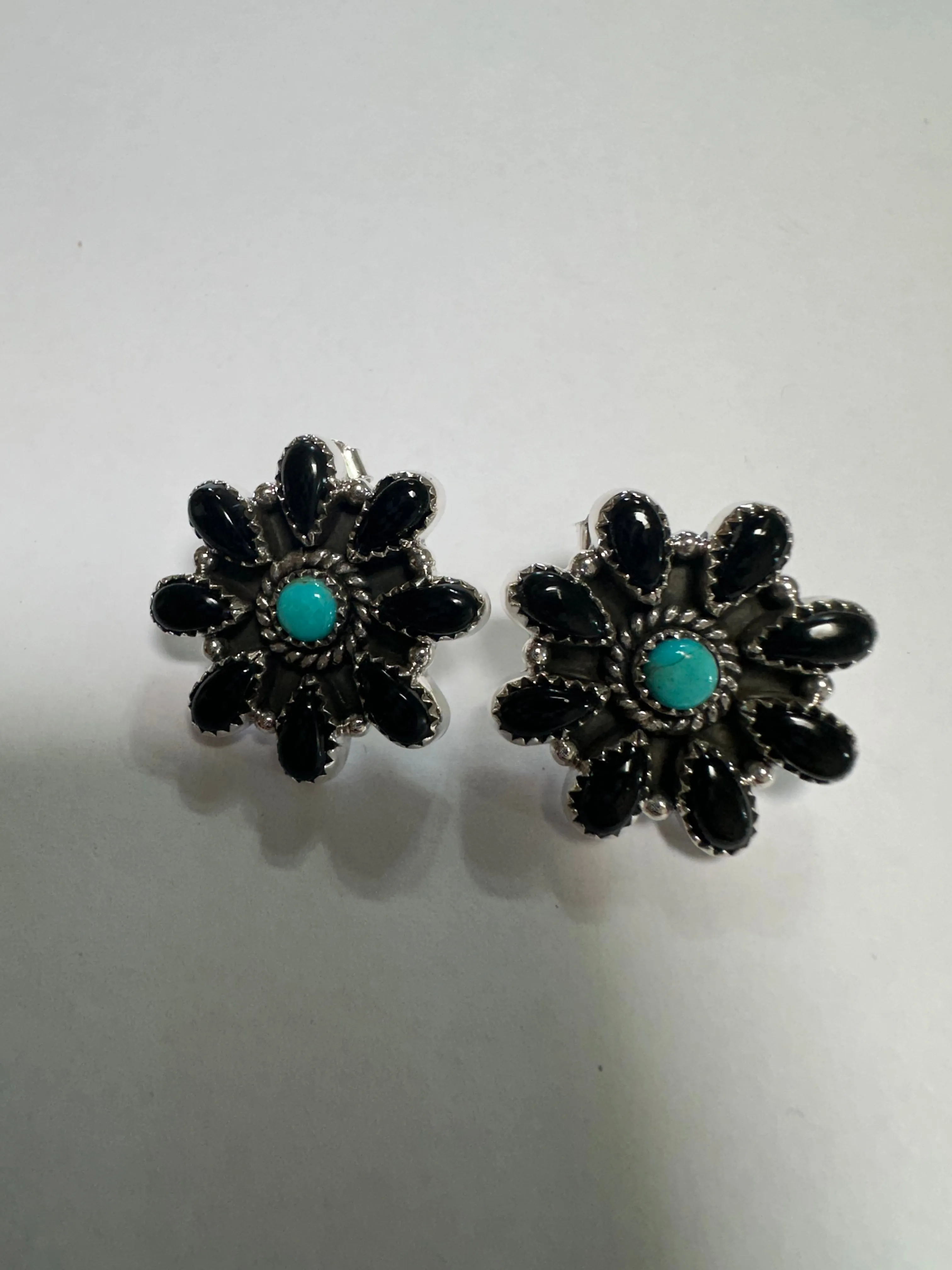 Handmade Sterling Silver, Onyx, Turquoise Post Cluster Earrings Signed Nizhoni