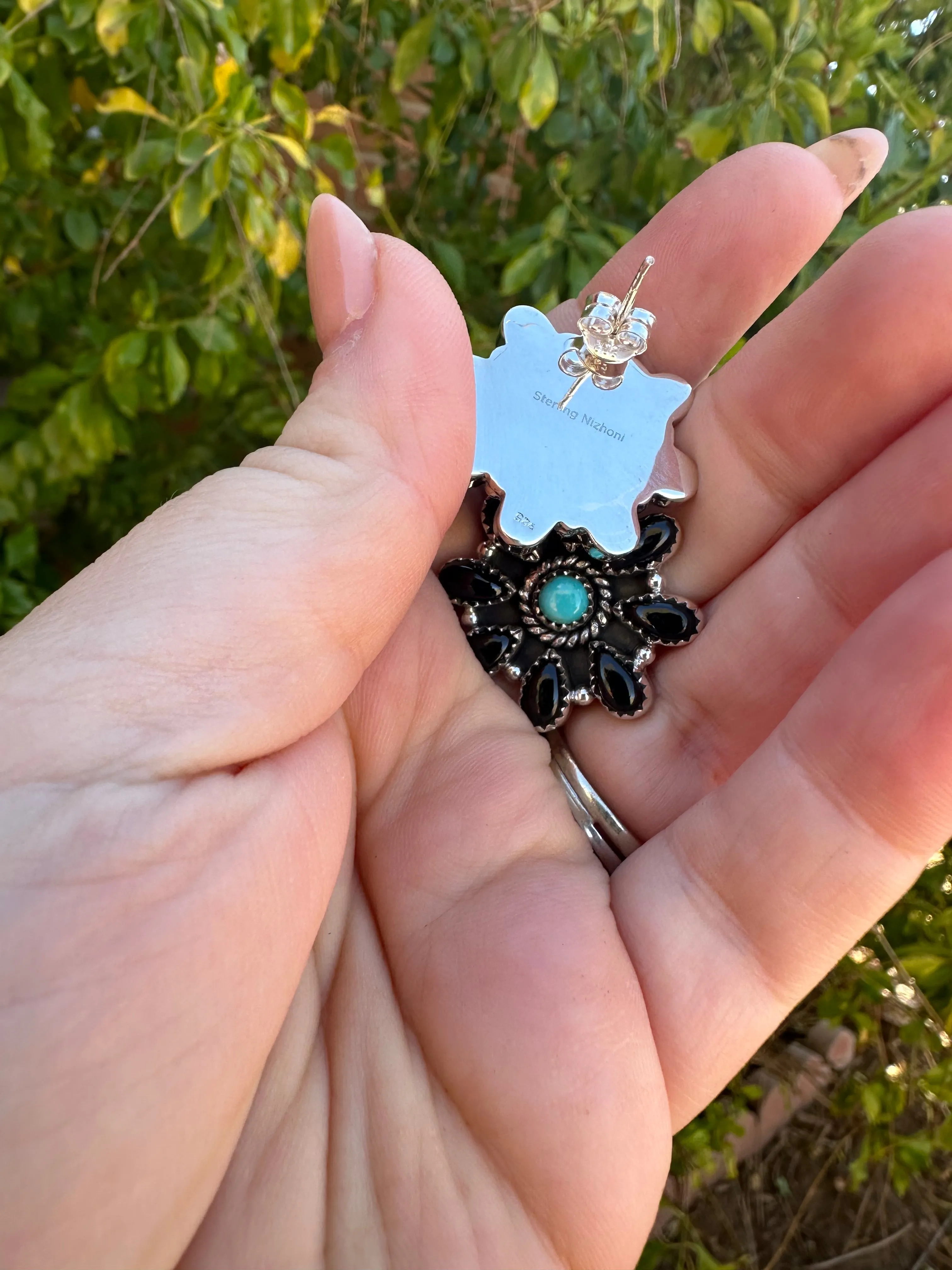 Handmade Sterling Silver, Onyx, Turquoise Post Cluster Earrings Signed Nizhoni