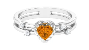 Heart Shape Citrine Solitaire Double Band Ring with Diamond