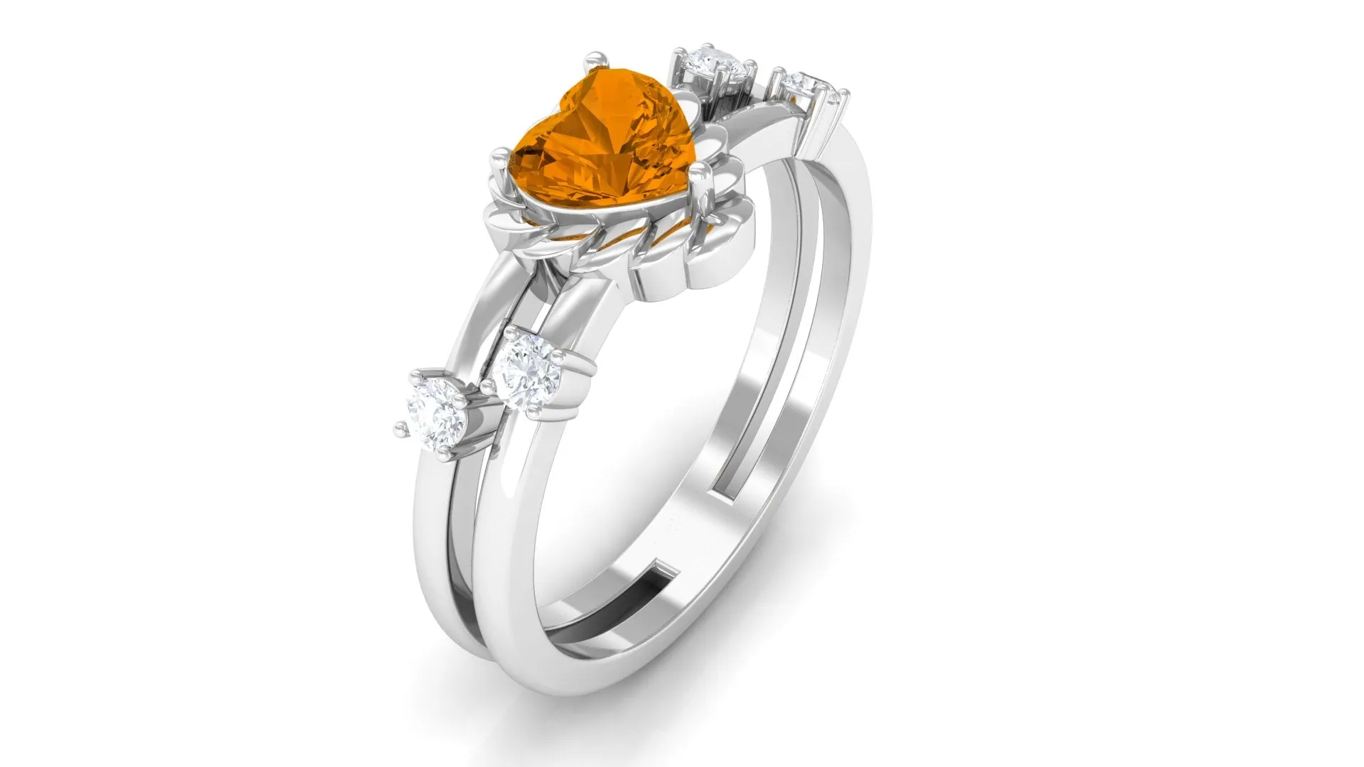 Heart Shape Citrine Solitaire Double Band Ring with Diamond