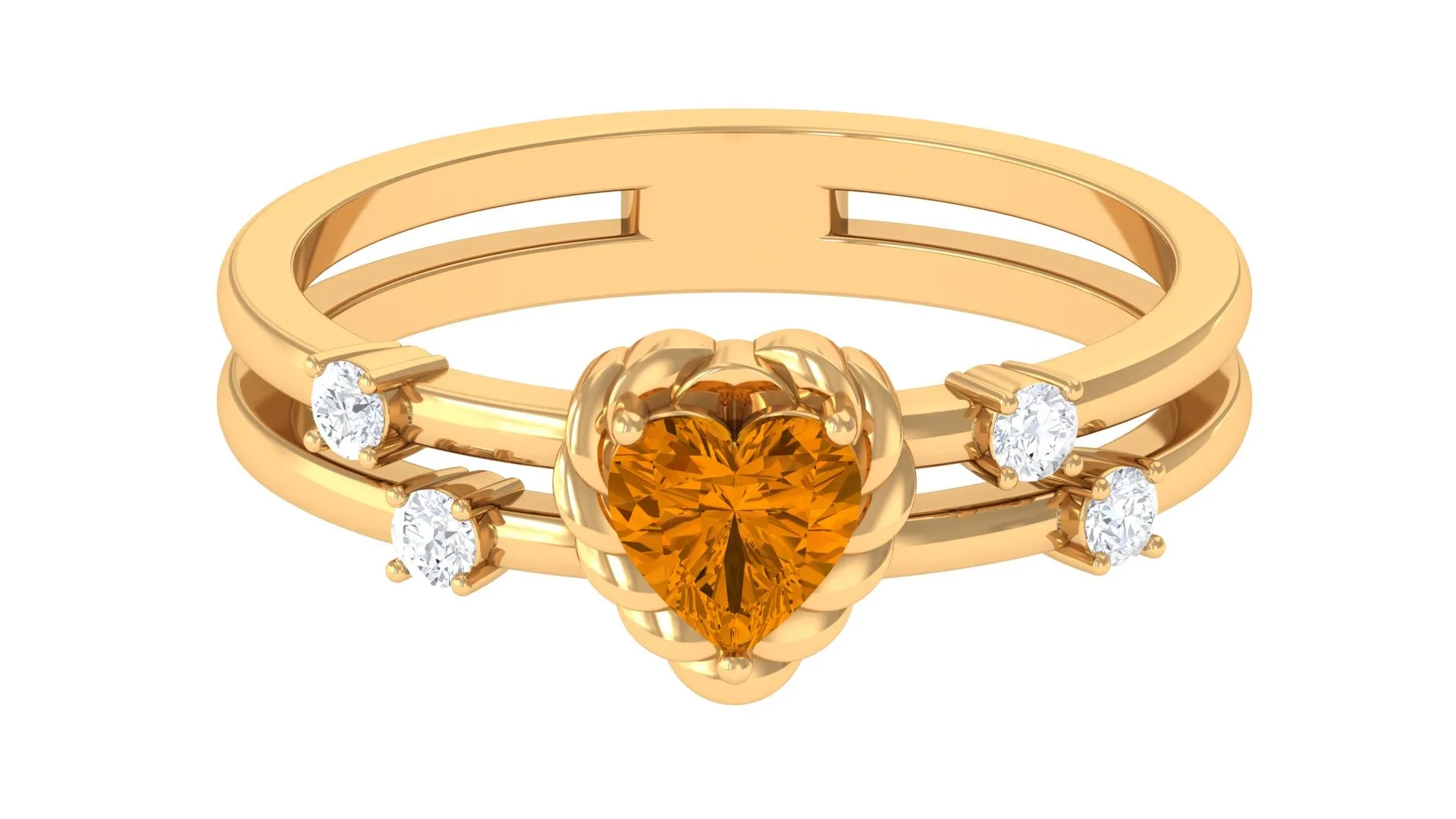 Heart Shape Citrine Solitaire Double Band Ring with Diamond