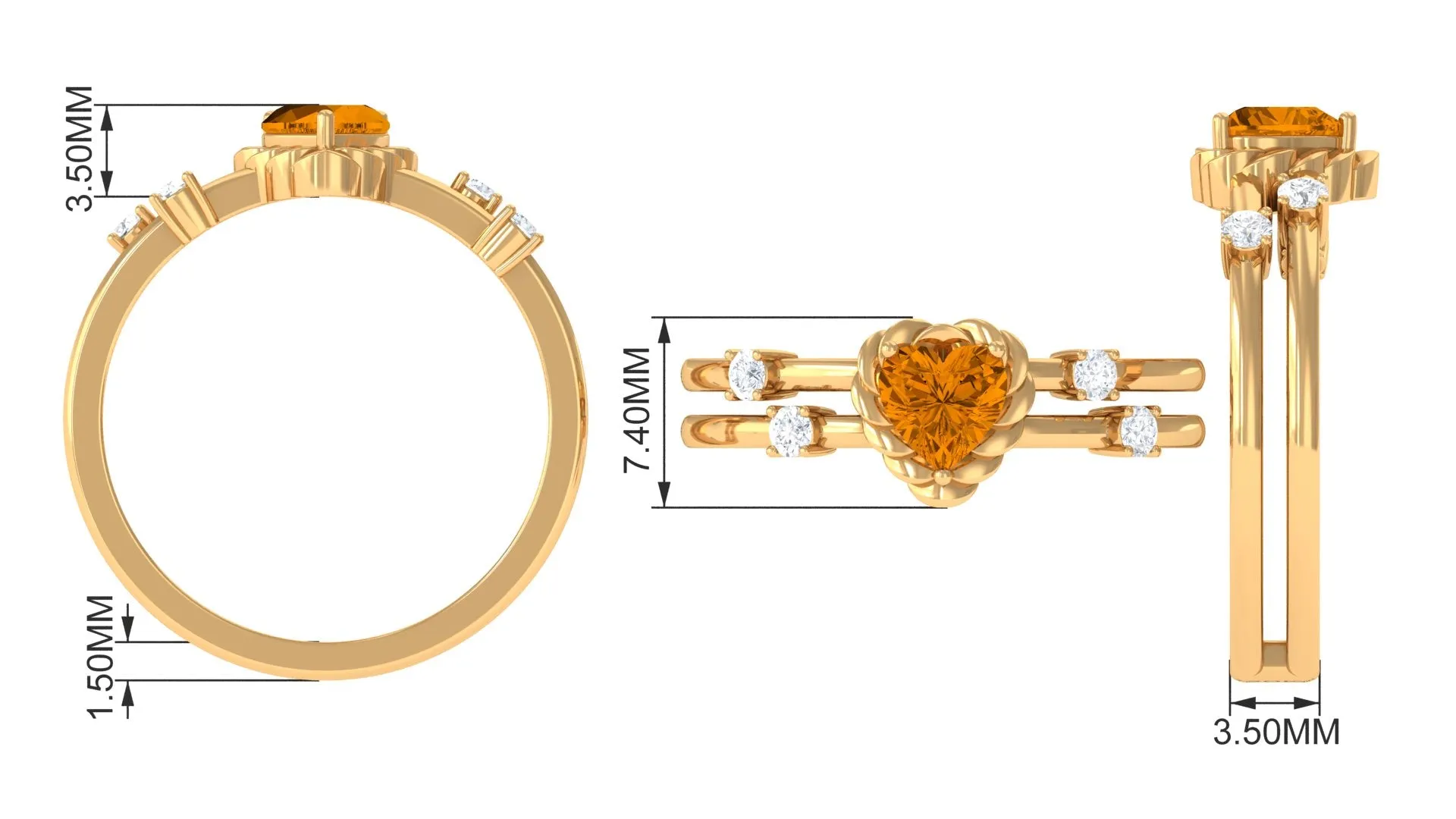 Heart Shape Citrine Solitaire Double Band Ring with Diamond
