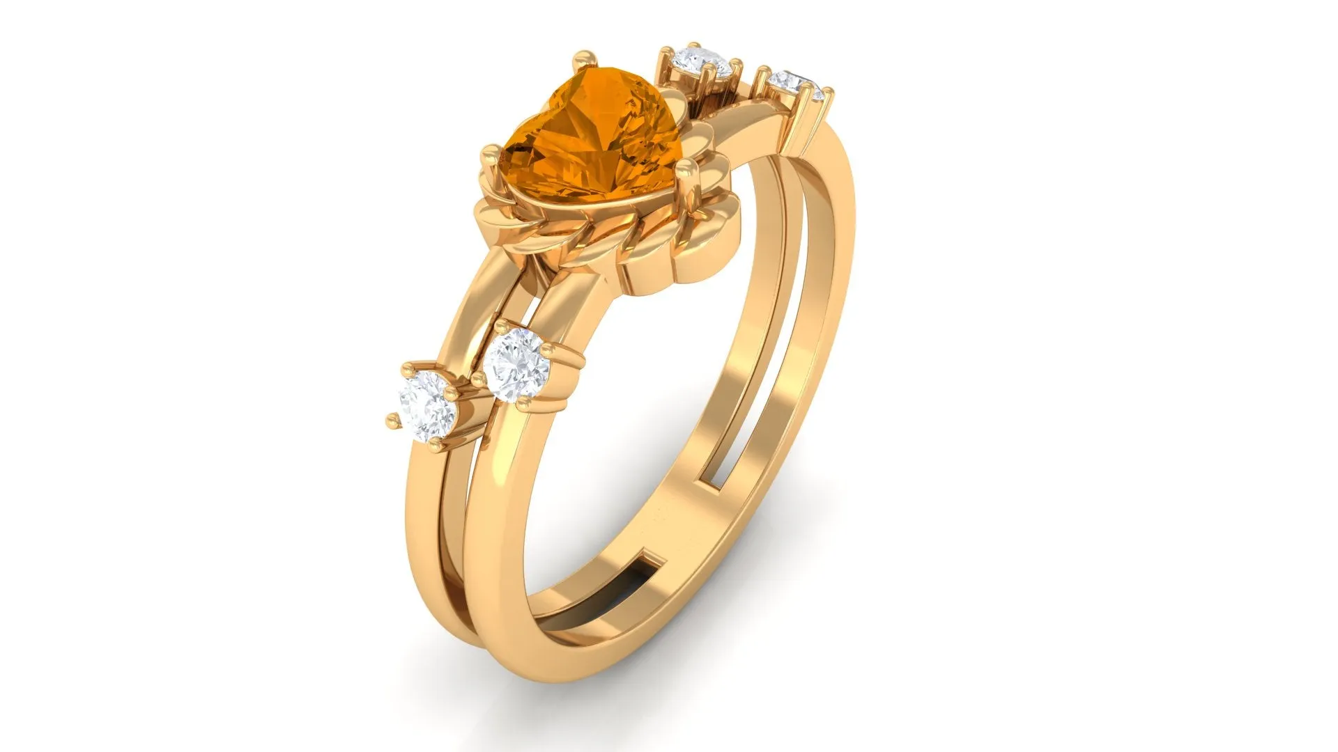 Heart Shape Citrine Solitaire Double Band Ring with Diamond