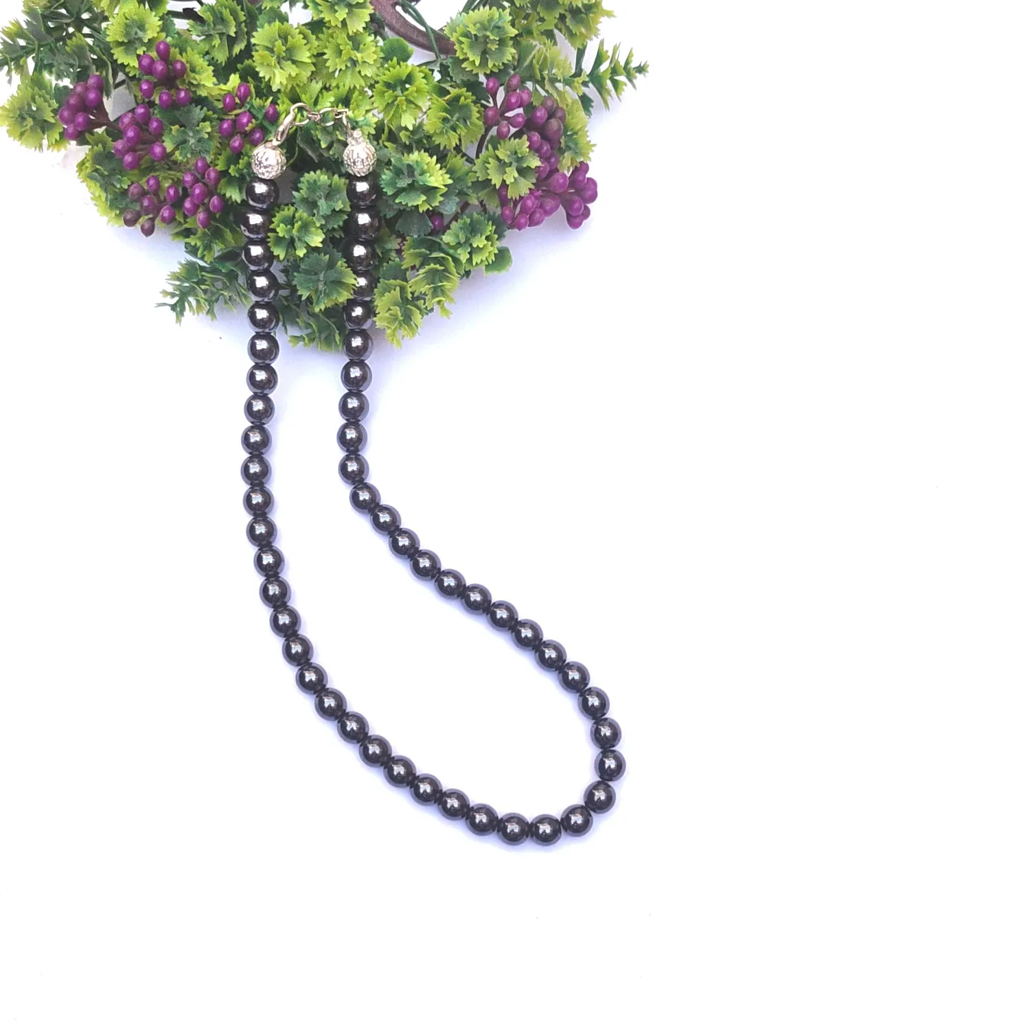 Hematite Crystal Round Beads Necklace - 15 Inches, 8mm Beads (Semi-Precious Mala)
