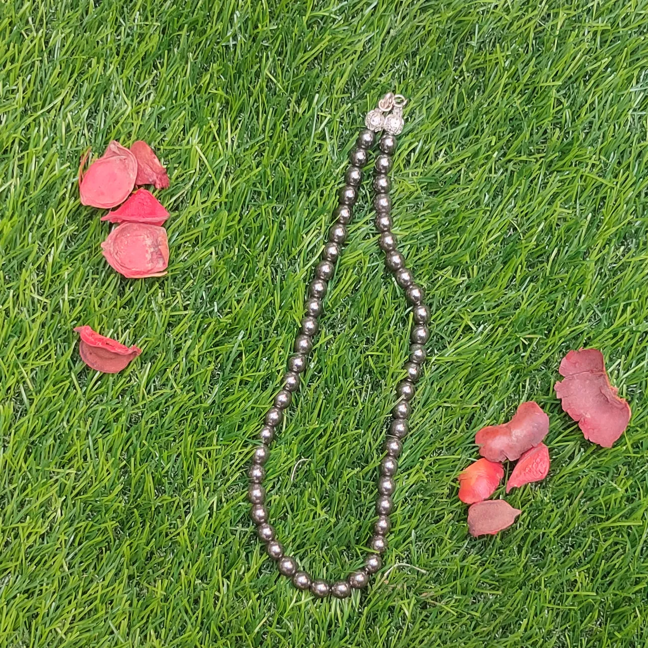 Hematite Crystal Round Beads Necklace - 15 Inches, 8mm Beads (Semi-Precious Mala)