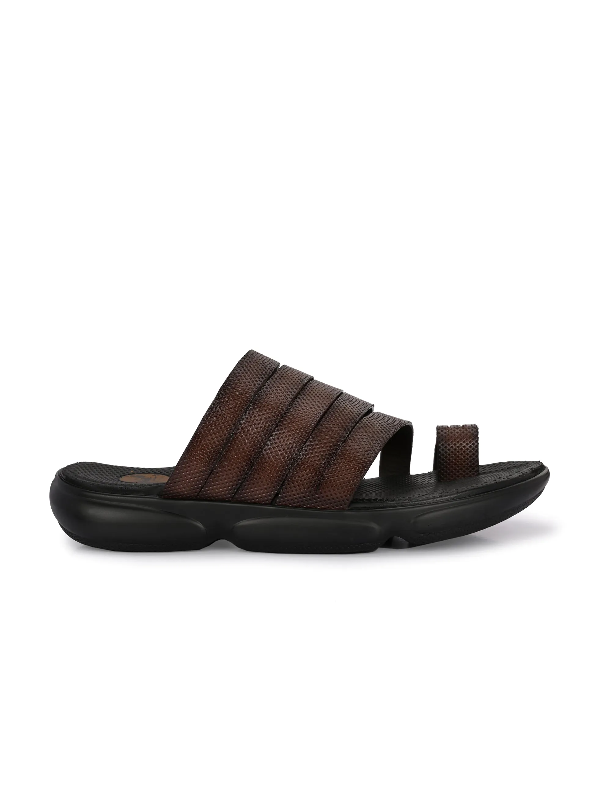 Hitz Men's Brown Leather Toe Ring Comfort Slippers
