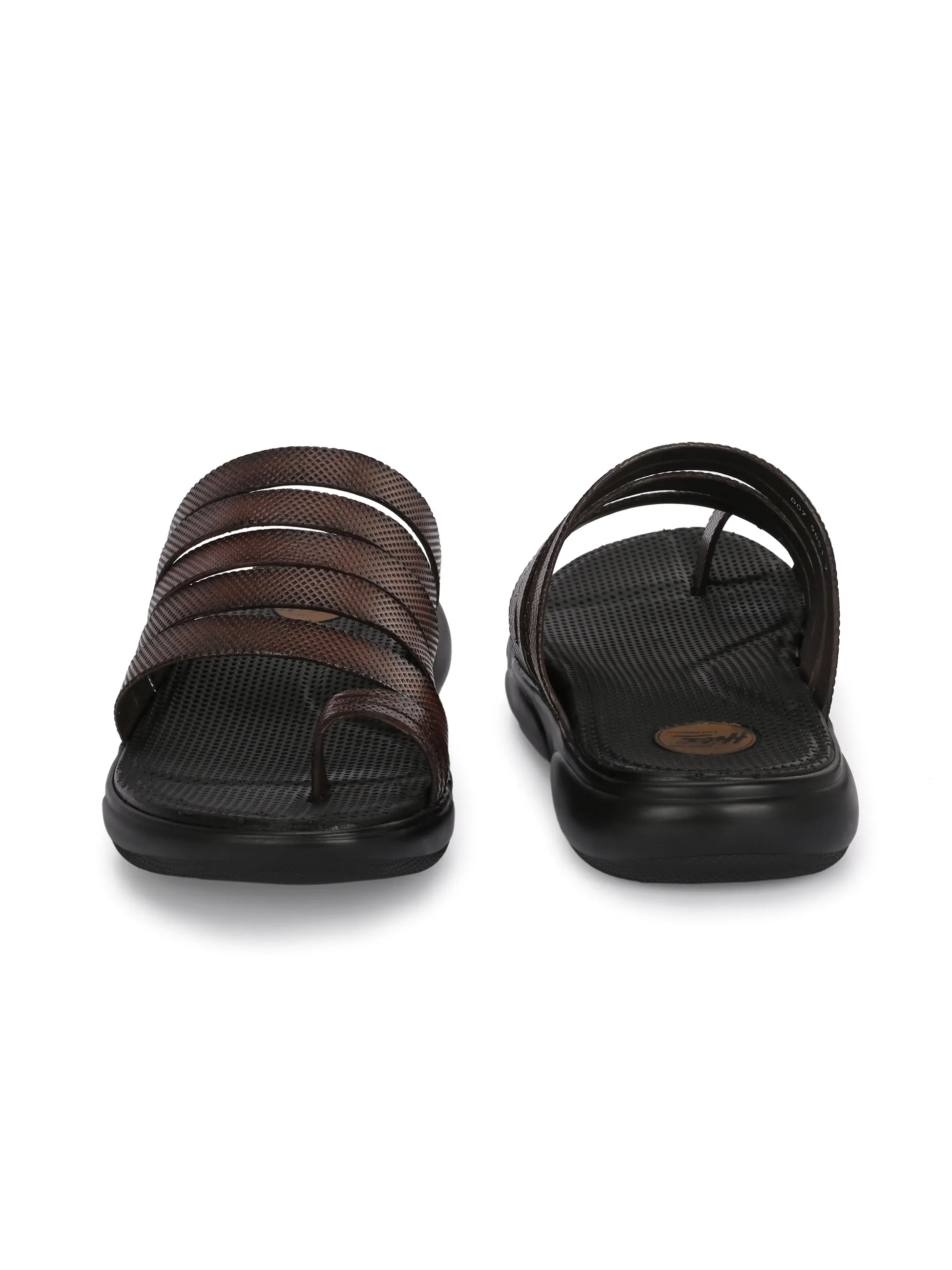 Hitz Men's Brown Leather Toe Ring Comfort Slippers