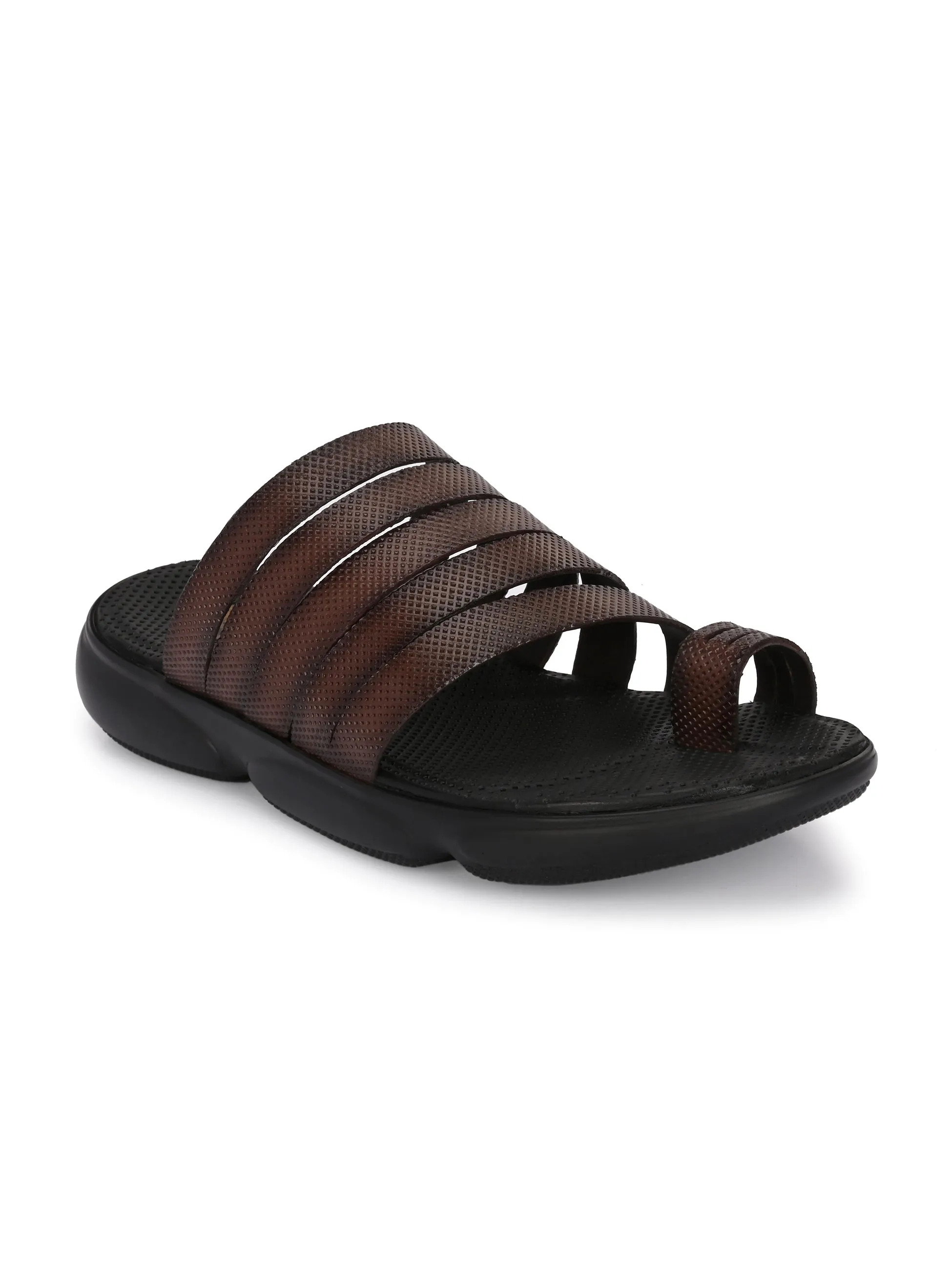 Hitz Men's Brown Leather Toe Ring Comfort Slippers