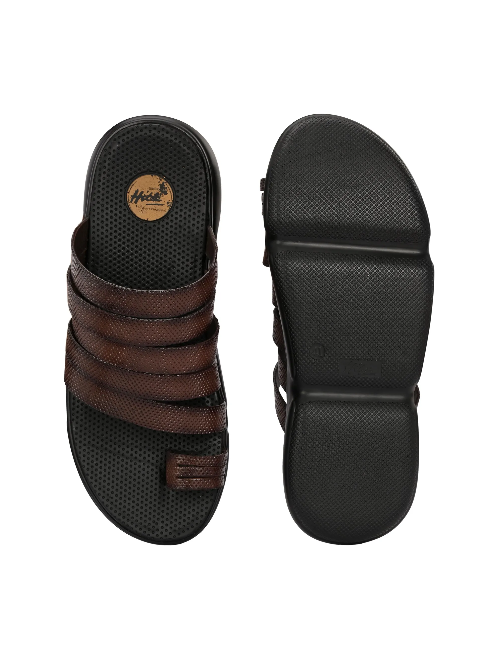 Hitz Men's Brown Leather Toe Ring Comfort Slippers