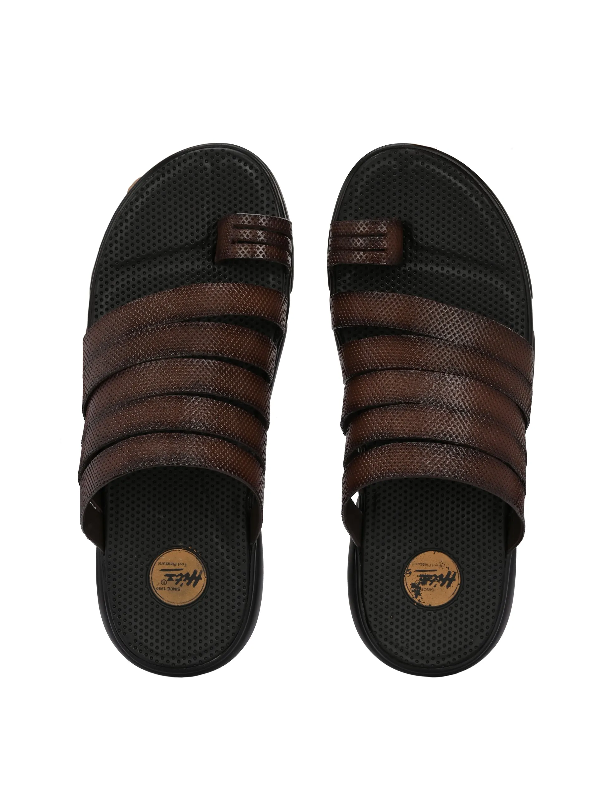 Hitz Men's Brown Leather Toe Ring Comfort Slippers