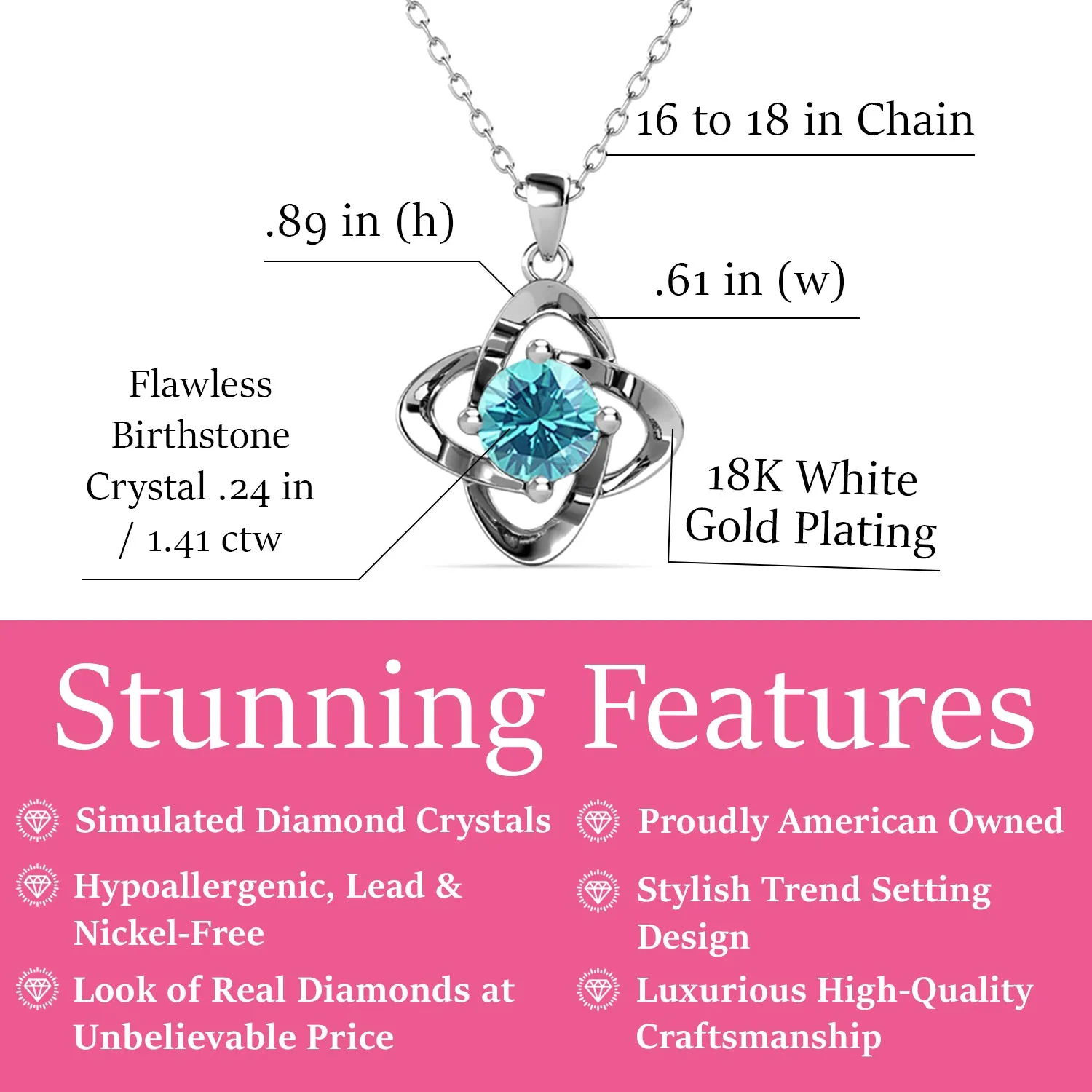 Infinity March Birthstone Aquamarine Necklace, 18k White Gold Plated Silver Birthstone Crystal Necklace