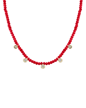 Jade Gemstone & Five diamonds Necklace - 14K Yellow Gold